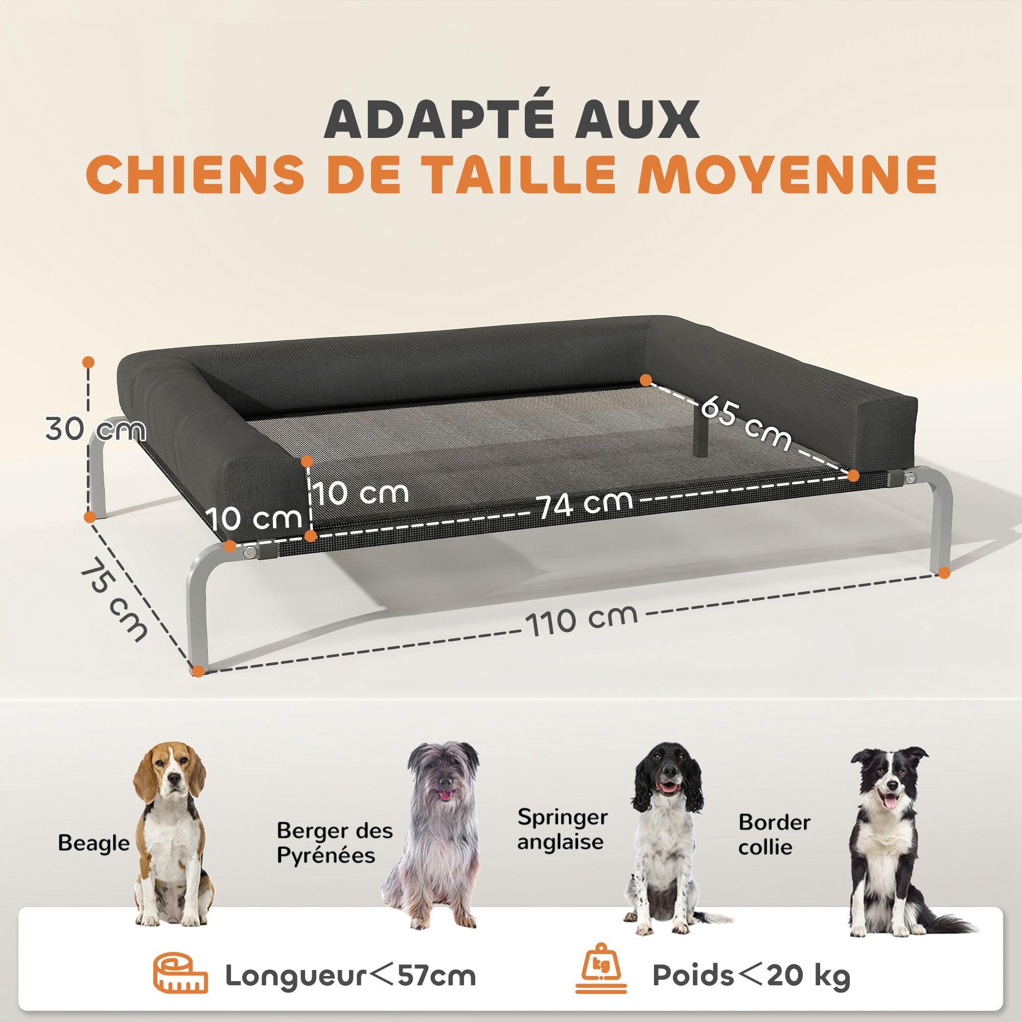 Cooling Raised Dog Bed, Portable Indoor Outdoor Dog Cot with U-Shaped Pillow, Breathable Mesh, Bite-Resistant, 110 x 75 x 30 cm, Black