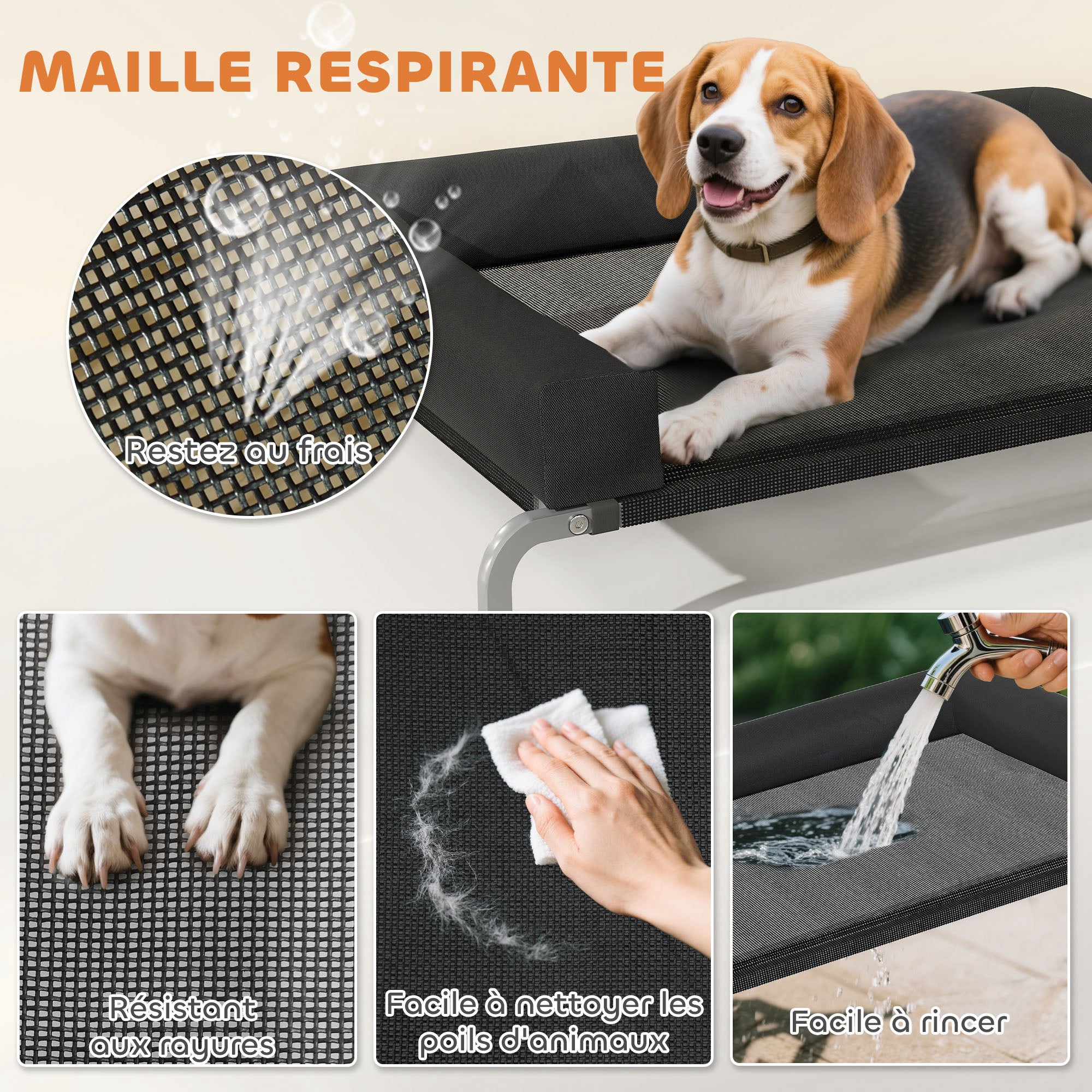 Cooling Raised Dog Bed, Portable Indoor Outdoor Dog Cot with U-Shaped Pillow, Breathable Mesh, Bite-Resistant, 110 x 75 x 30 cm, Black