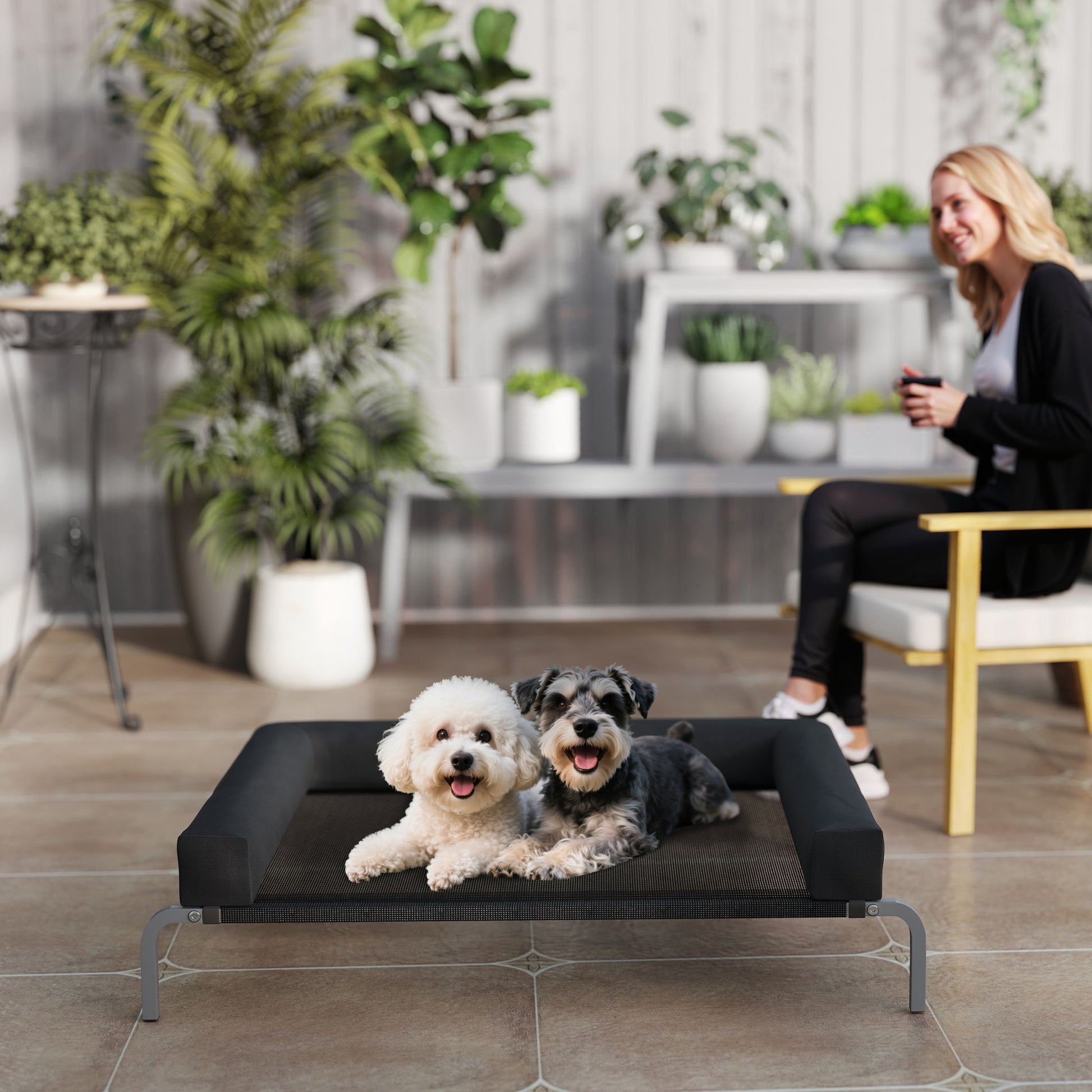 Cooling Raised Dog Bed, Portable Indoor Outdoor Dog Cot with U-Shaped Pillow, Breathable Mesh, Bite-Resistant, 110 x 75 x 30 cm, Black