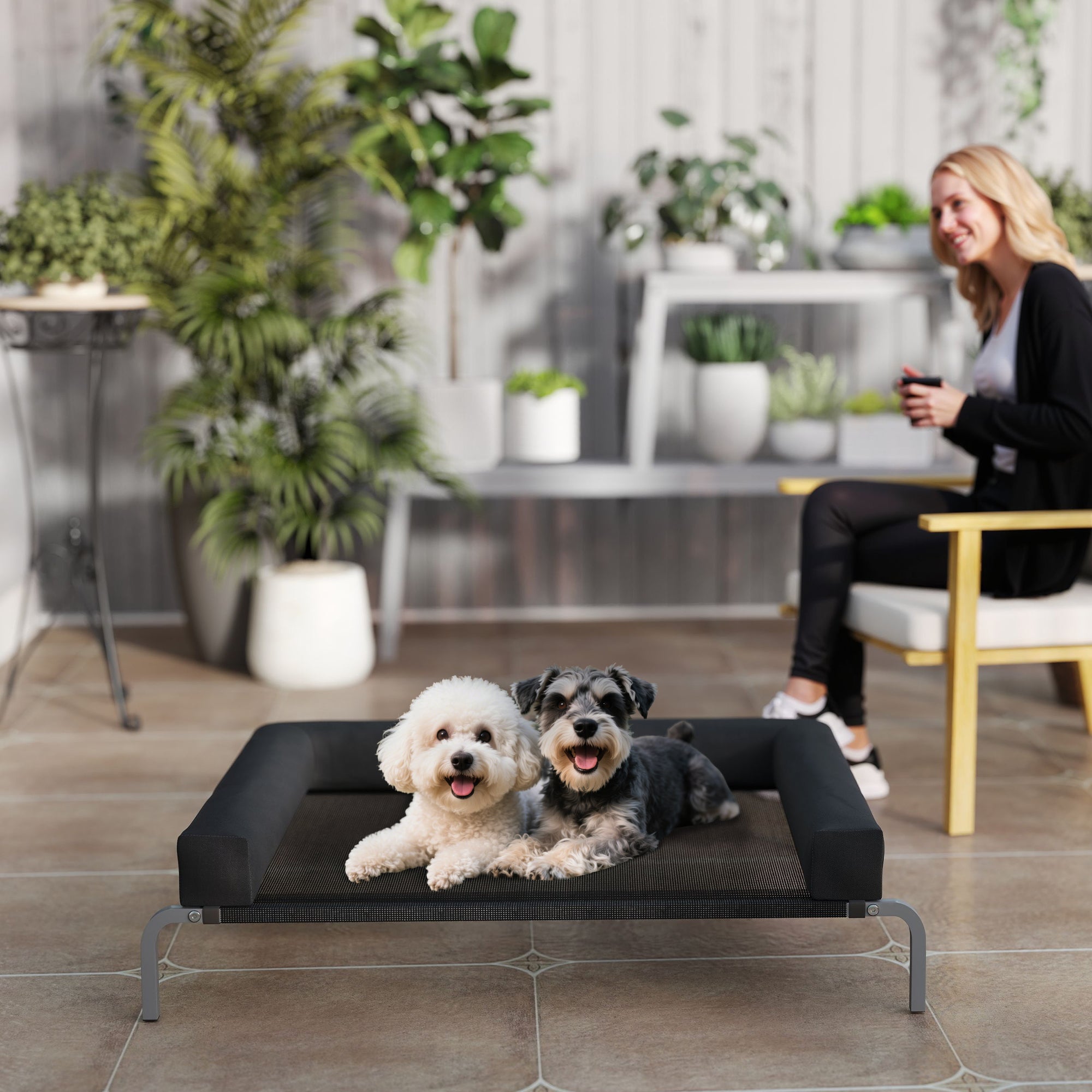 Cooling Raised Dog Bed, Portable Indoor Outdoor Dog Cot with U-Shaped Pillow, Breathable Mesh, Bite-Resistant, 110 x 75 x 30 cm, Black