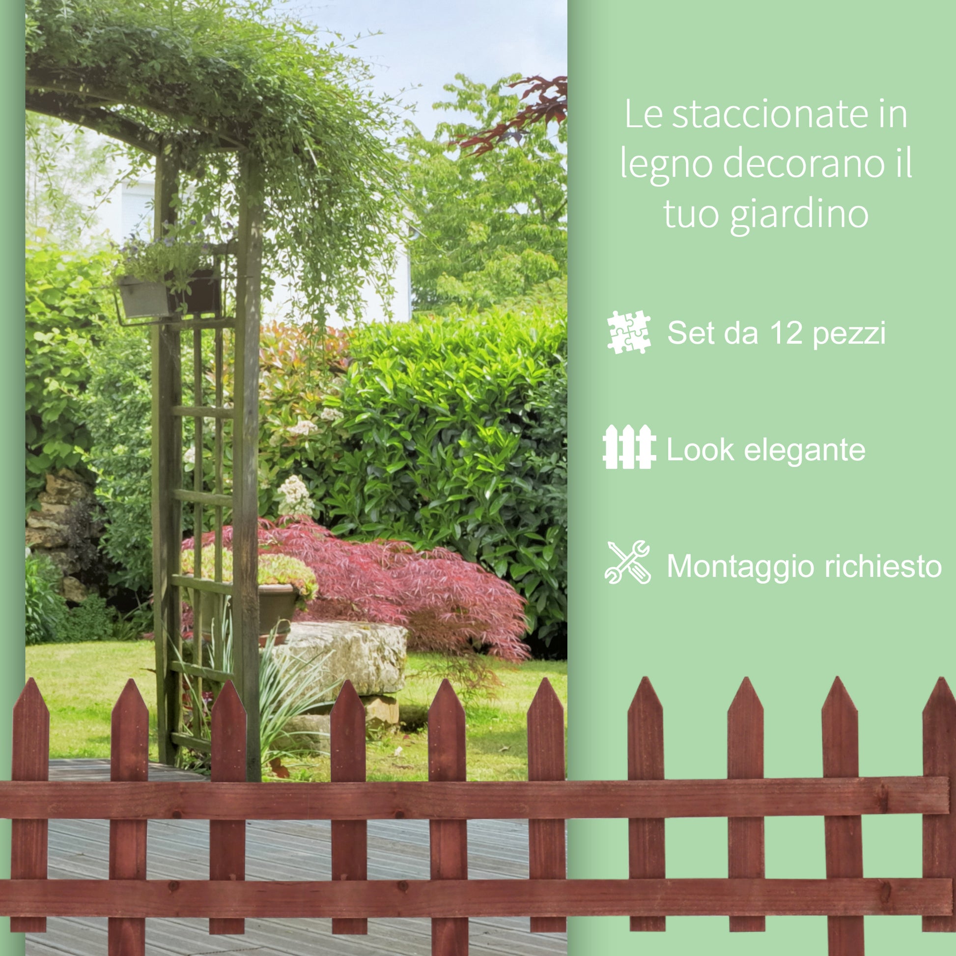 12-Piece Pine Wood Fence, Fence for Flower Beds, Garden and Vegetable Garden, Height 34cm, Light Brown
