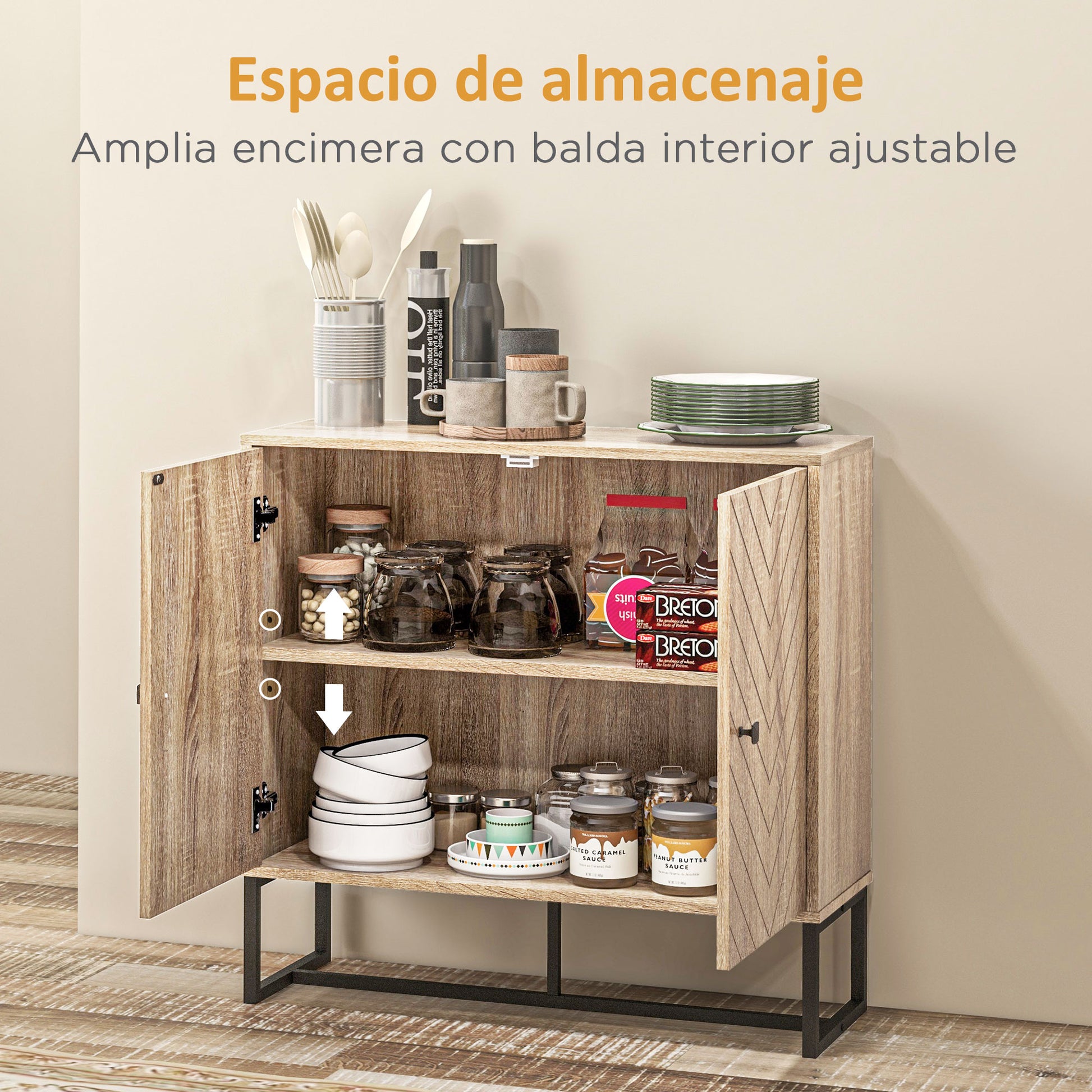 Kitchen Sideboard Buffet Cabinet with 2 Doors and Shelves Storage Cabinet for Dining Room Living Room Bedroom Modern Style 80x29.5x80 cm Natural Wood and Black