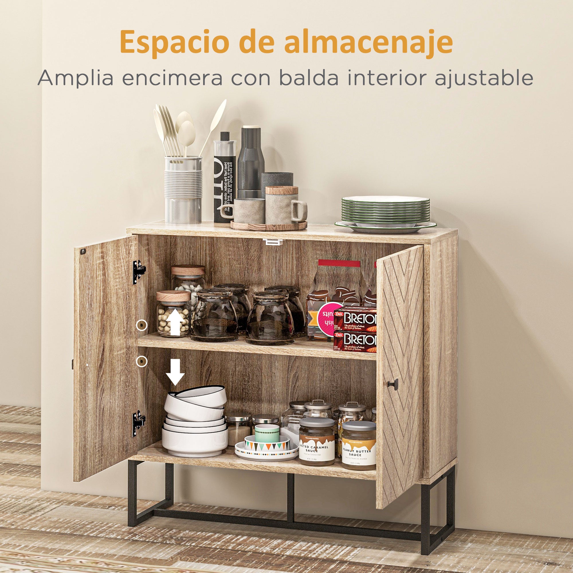 Kitchen Sideboard Buffet Cabinet with 2 Doors and Shelves Storage Cabinet for Dining Room Living Room Bedroom Modern Style 80x29.5x80 cm Natural Wood and Black