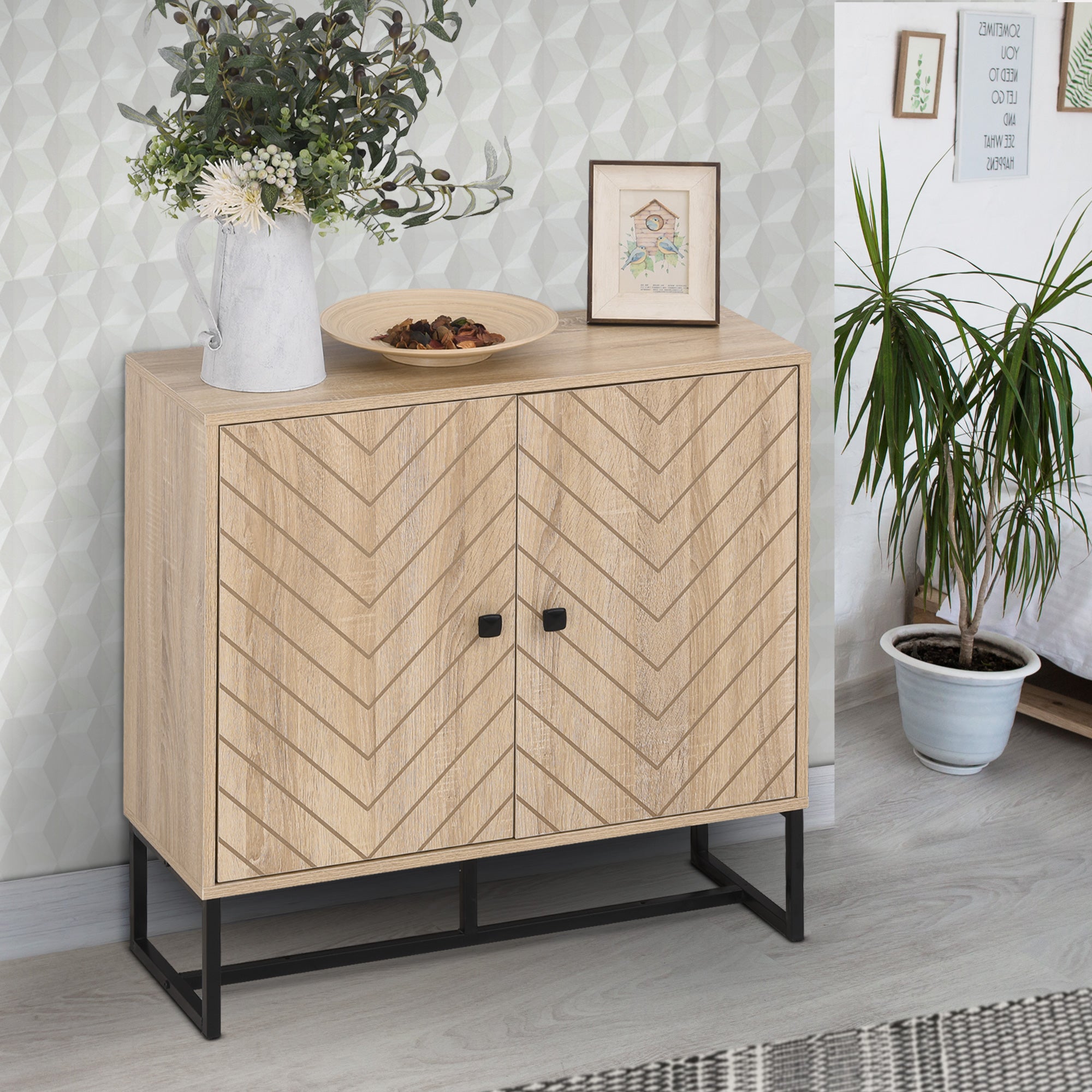 Kitchen Sideboard Buffet Cabinet with 2 Doors and Shelves Storage Cabinet for Dining Room Living Room Bedroom Modern Style 80x29.5x80 cm Natural Wood and Black