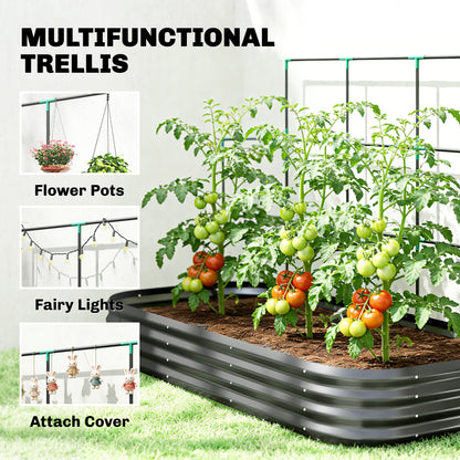 Raised Garden Bed with Trellis, Galvanized Metal Planter with Protective Edge & Gloves for Herbs, Vegetables, Flowers — 86.6 x 43.3 x 59.1 in (220 x 110 x 150 cm), Dark Gray