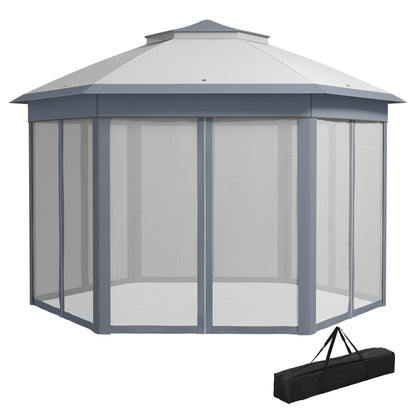 Garden Pavilion Pop-Up Tent 4 x 4 m Party Tent with Carrying Bag 6 Side Panels Double Roof Hexagonal Gray