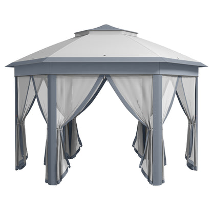 Garden Pavilion Pop-Up Tent 4 x 4 m Party Tent with Carrying Bag 6 Side Panels Double Roof Hexagonal Gray