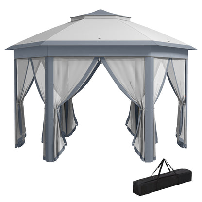 Garden Pavilion Pop-Up Tent 4 x 4 m Party Tent with Carrying Bag 6 Side Panels Double Roof Hexagonal Gray