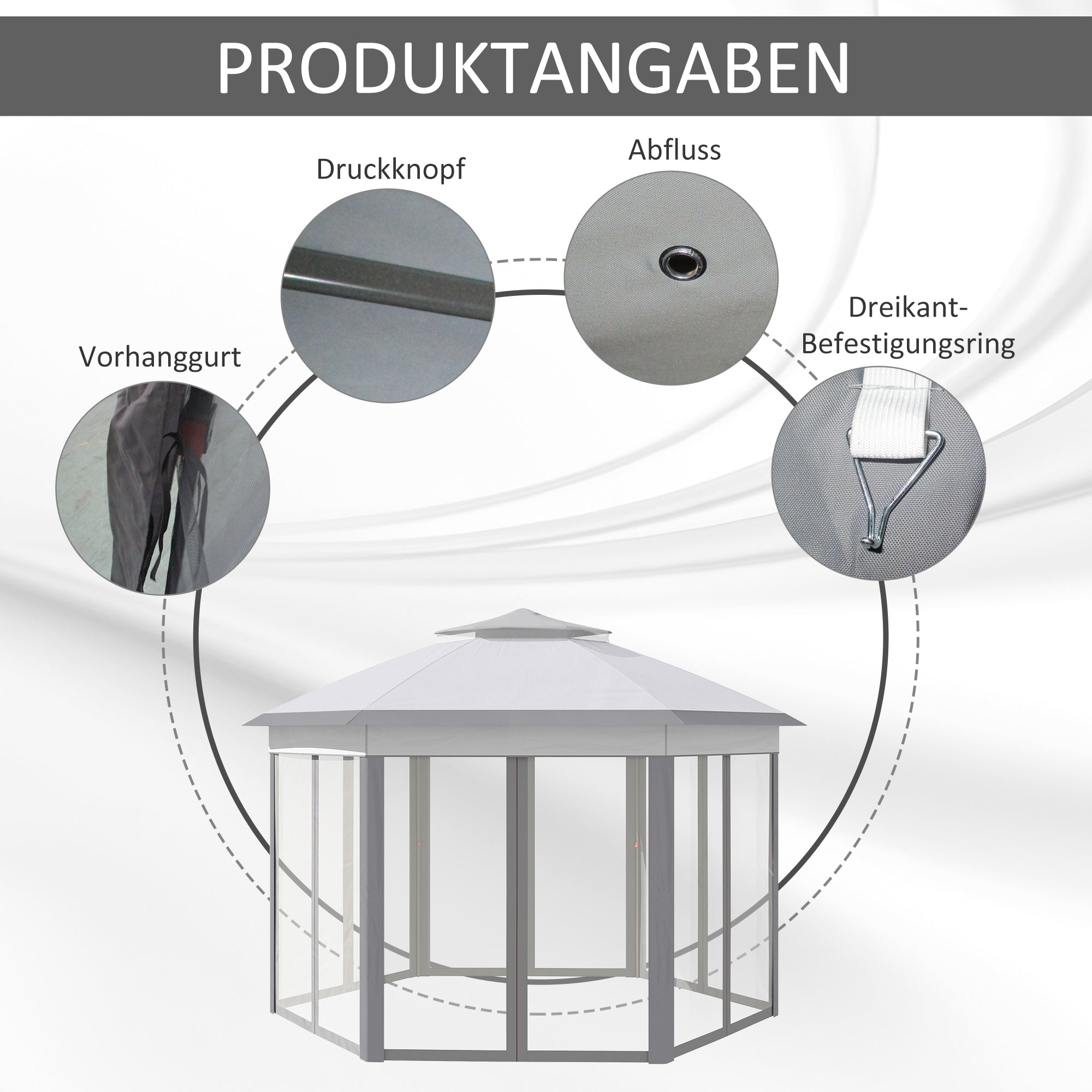 Garden Pavilion Pop-Up Tent 4 x 4 m Party Tent with Carrying Bag 6 Side Panels Double Roof Hexagonal Gray