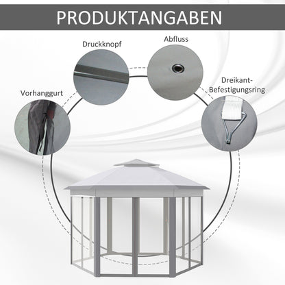 Garden Pavilion Pop-Up Tent 4 x 4 m Party Tent with Carrying Bag 6 Side Panels Double Roof Hexagonal Gray