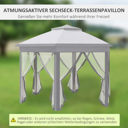 Garden Pavilion Pop-Up Tent 4 x 4 m Party Tent with Carrying Bag 6 Side Panels Double Roof Hexagonal Gray