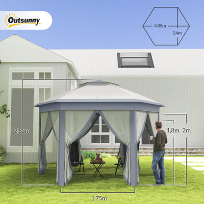 Garden Pavilion Pop-Up Tent 4 x 4 m Party Tent with Carrying Bag 6 Side Panels Double Roof Hexagonal Gray