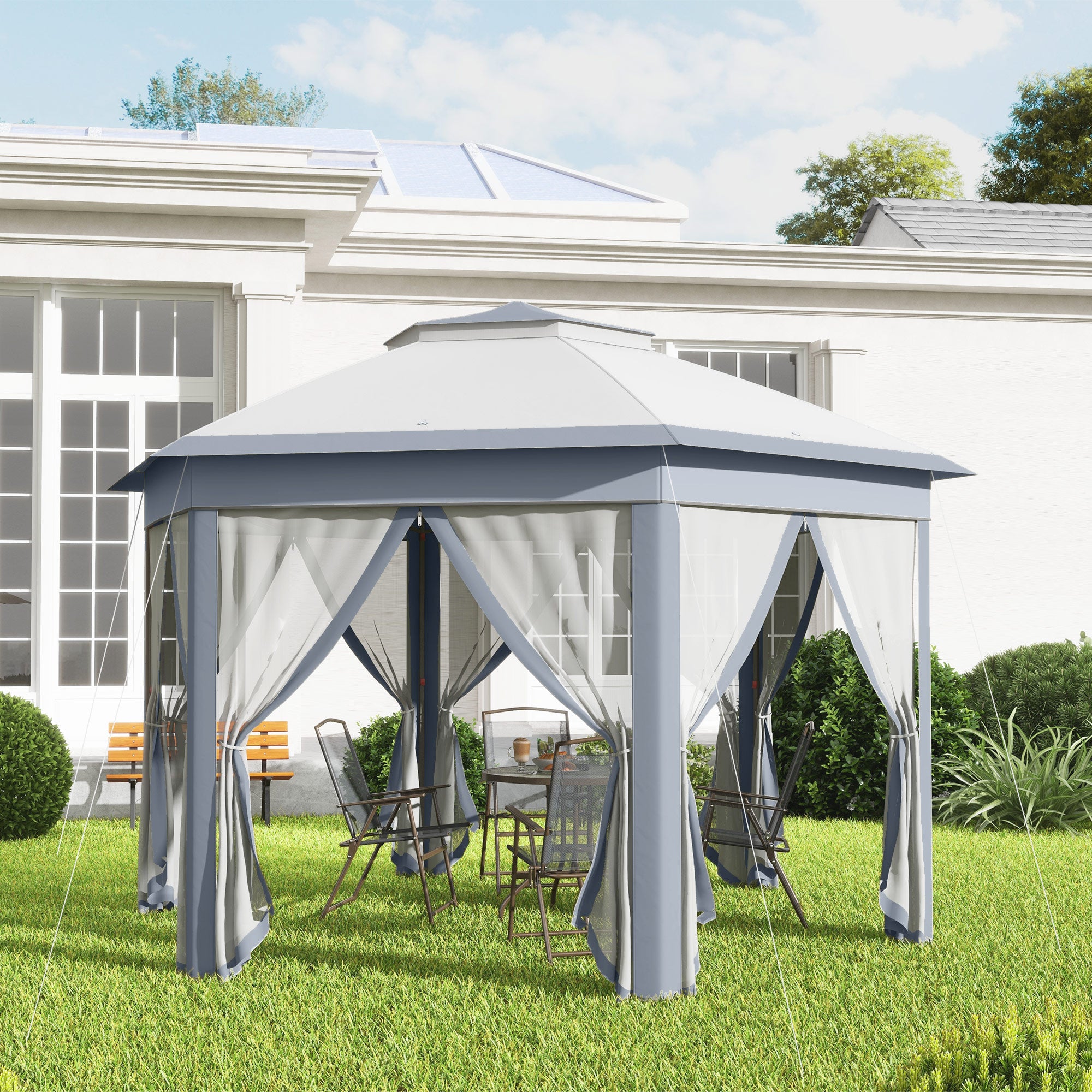 Garden Pavilion Pop-Up Tent 4 x 4 m Party Tent with Carrying Bag 6 Side Panels Double Roof Hexagonal Gray