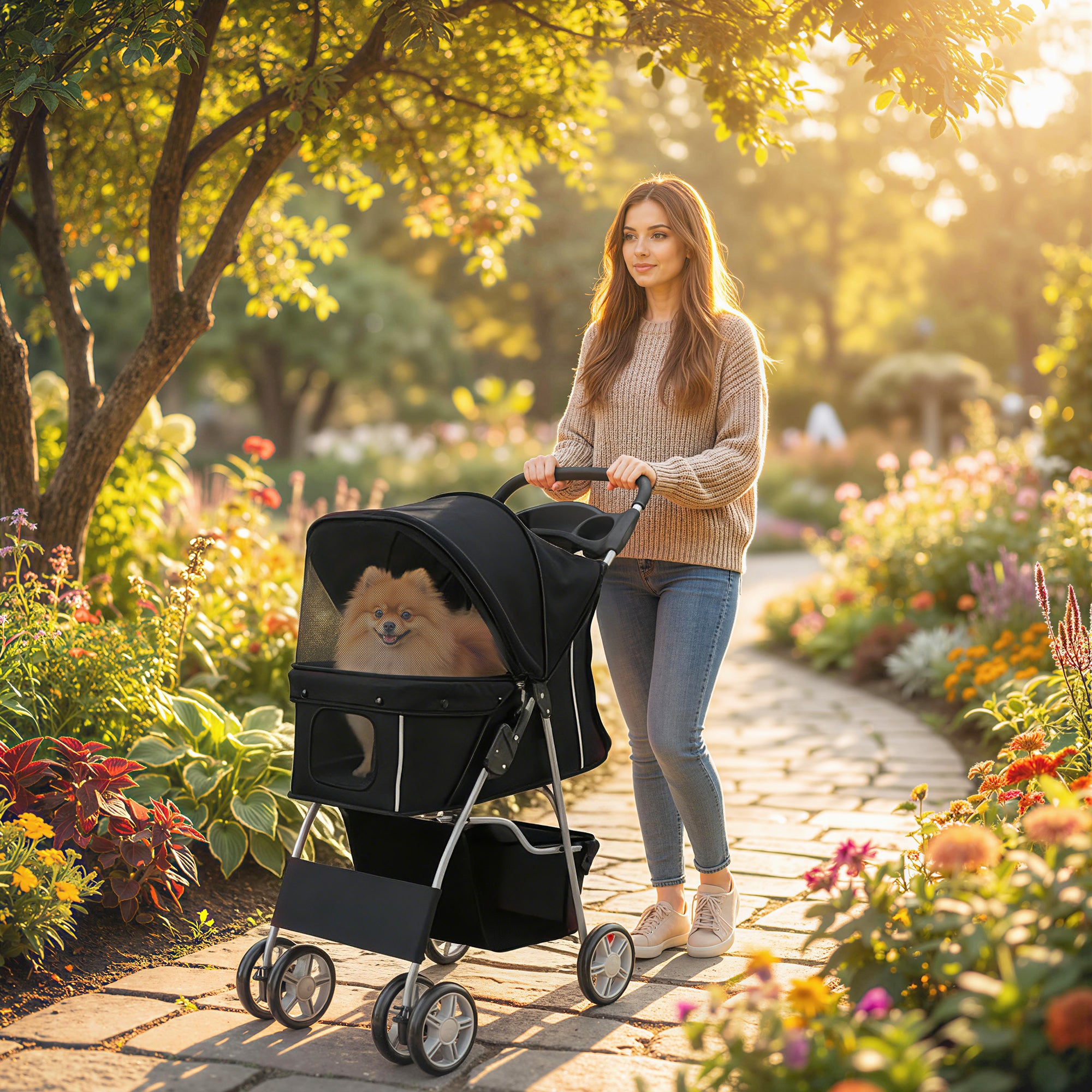 Foldable Dog Stroller for Small Dogs with Mesh Windows, Storage Basket, Cup Holders & Washable Cushion — Black