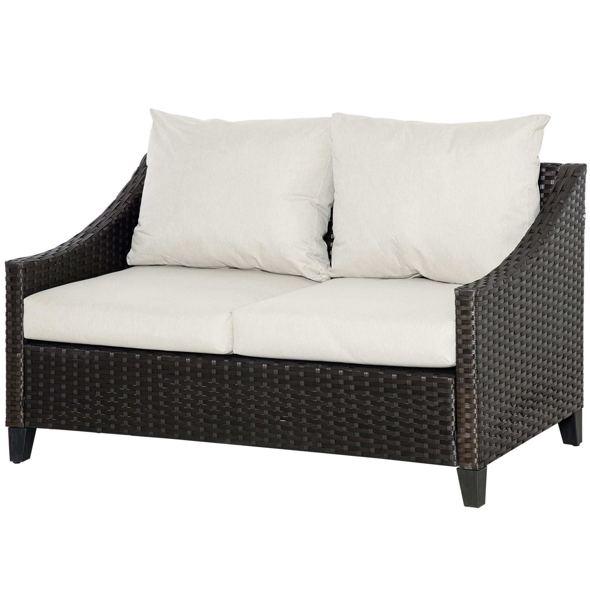 2-Seater PE Rattan Garden Sofa with Padded Cushions and Adjustable Feet, 132x70x74cm, Brown