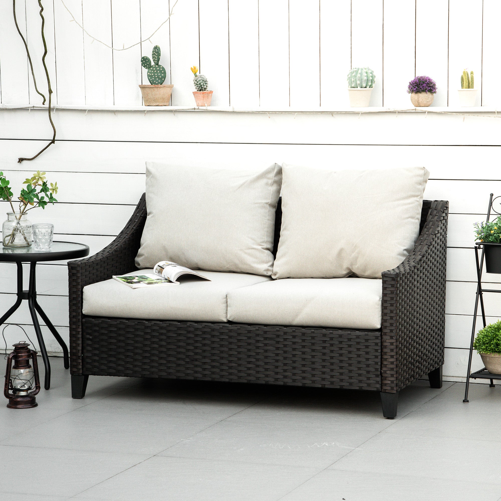 2-Seater PE Rattan Garden Sofa with Padded Cushions and Adjustable Feet, 132x70x74cm, Brown