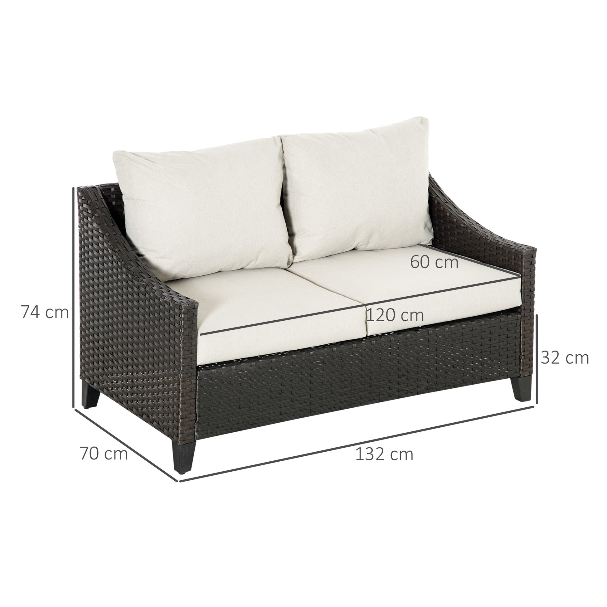 2-Seater PE Rattan Garden Sofa with Padded Cushions and Adjustable Feet, 132x70x74cm, Brown