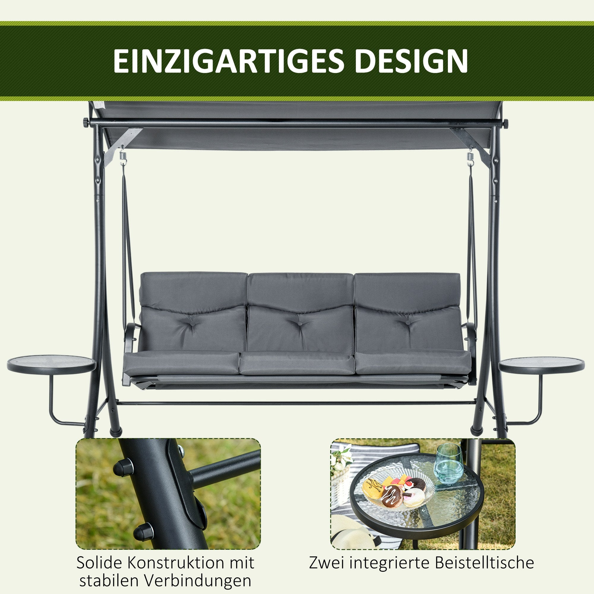 3-Seater Hollywood Swing Garden Swing Bench with Adjustable Canopy Tea Table Steel Polyester Gray+Black 271 x 125 x 177 cm