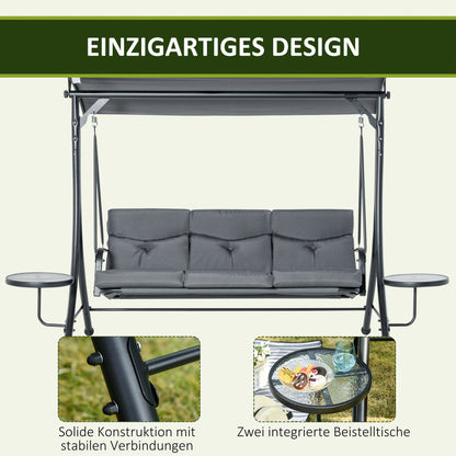 3-Seater Hollywood Swing Garden Swing Bench with Adjustable Canopy Tea Table Steel Polyester Gray+Black 271 x 125 x 177 cm
