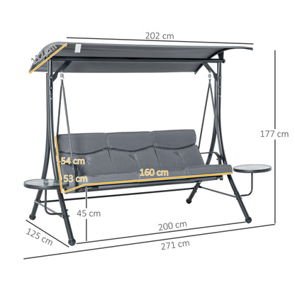 3-Seater Hollywood Swing Garden Swing Bench with Adjustable Canopy Tea Table Steel Polyester Gray+Black 271 x 125 x 177 cm
