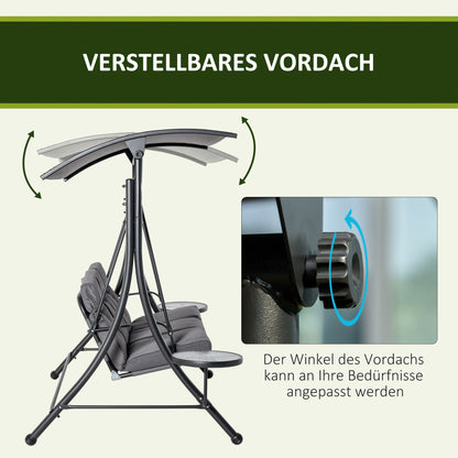3-Seater Hollywood Swing Garden Swing Bench with Adjustable Canopy Tea Table Steel Polyester Gray+Black 271 x 125 x 177 cm