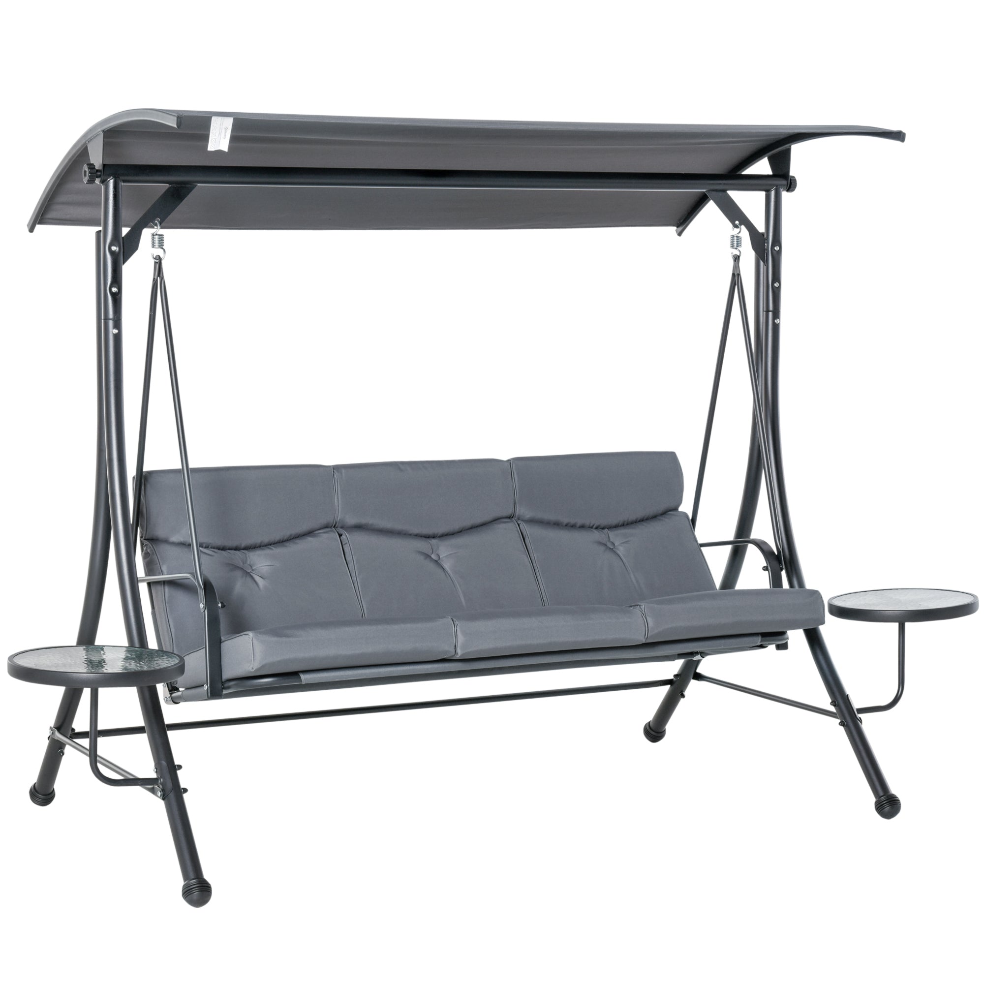 3-Seater Hollywood Swing Garden Swing Bench with Adjustable Canopy Tea Table Steel Polyester Gray+Black 271 x 125 x 177 cm
