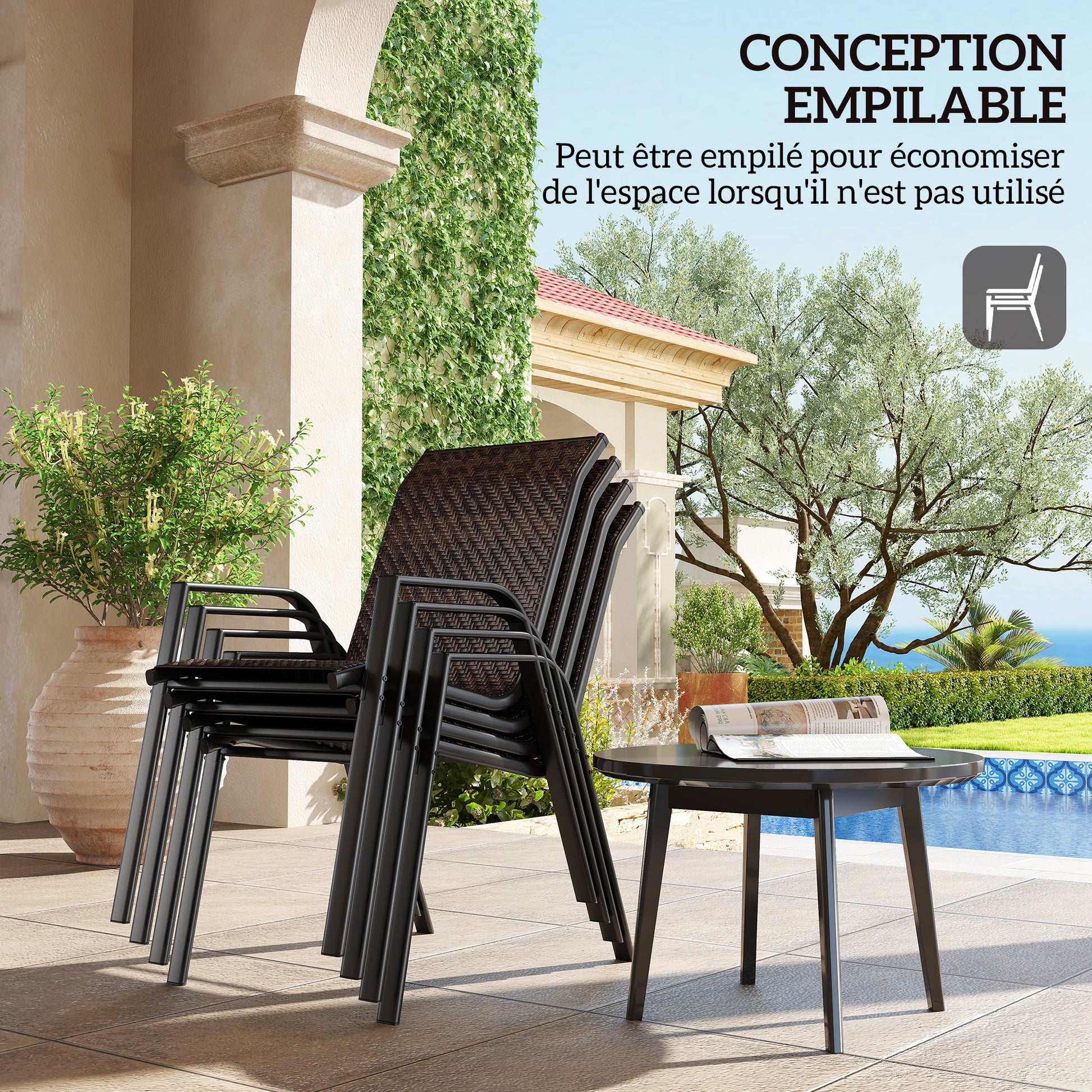 Set of 4 stackable garden chairs, outdoor armchairs with brown woven resin wicker finish