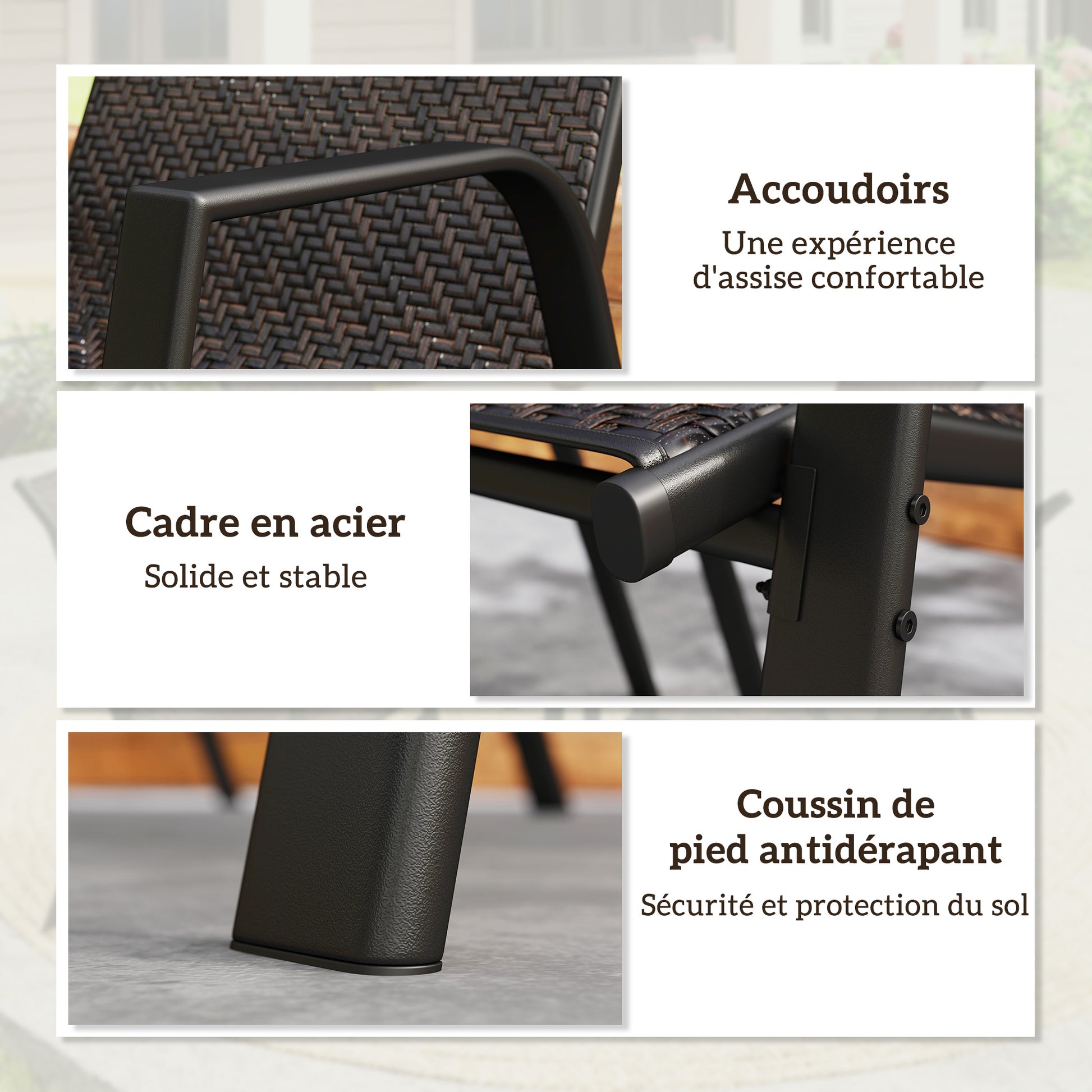 Set of 4 stackable garden chairs, outdoor armchairs with brown woven resin wicker finish