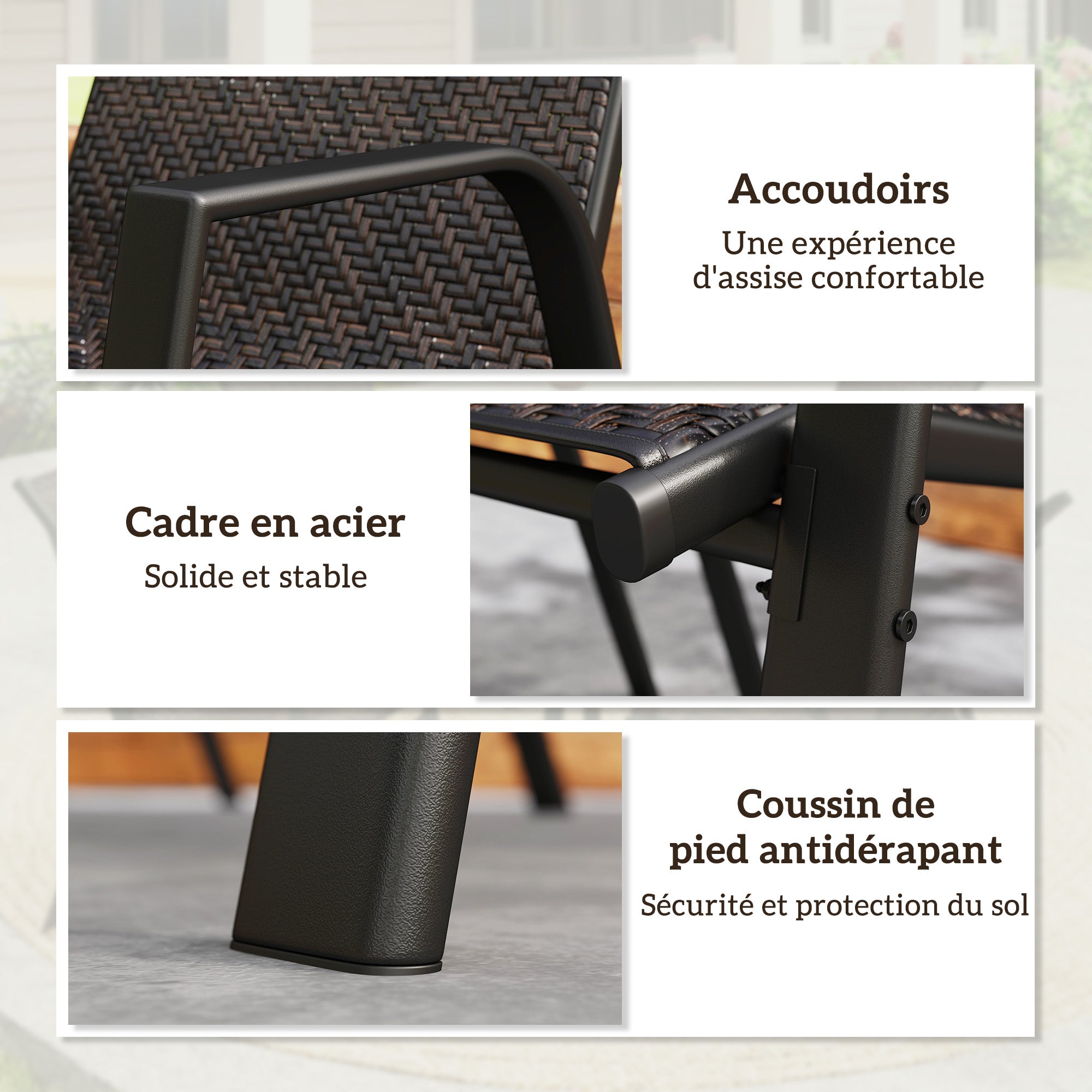 Set of 4 stackable garden chairs, outdoor armchairs with brown woven resin wicker finish