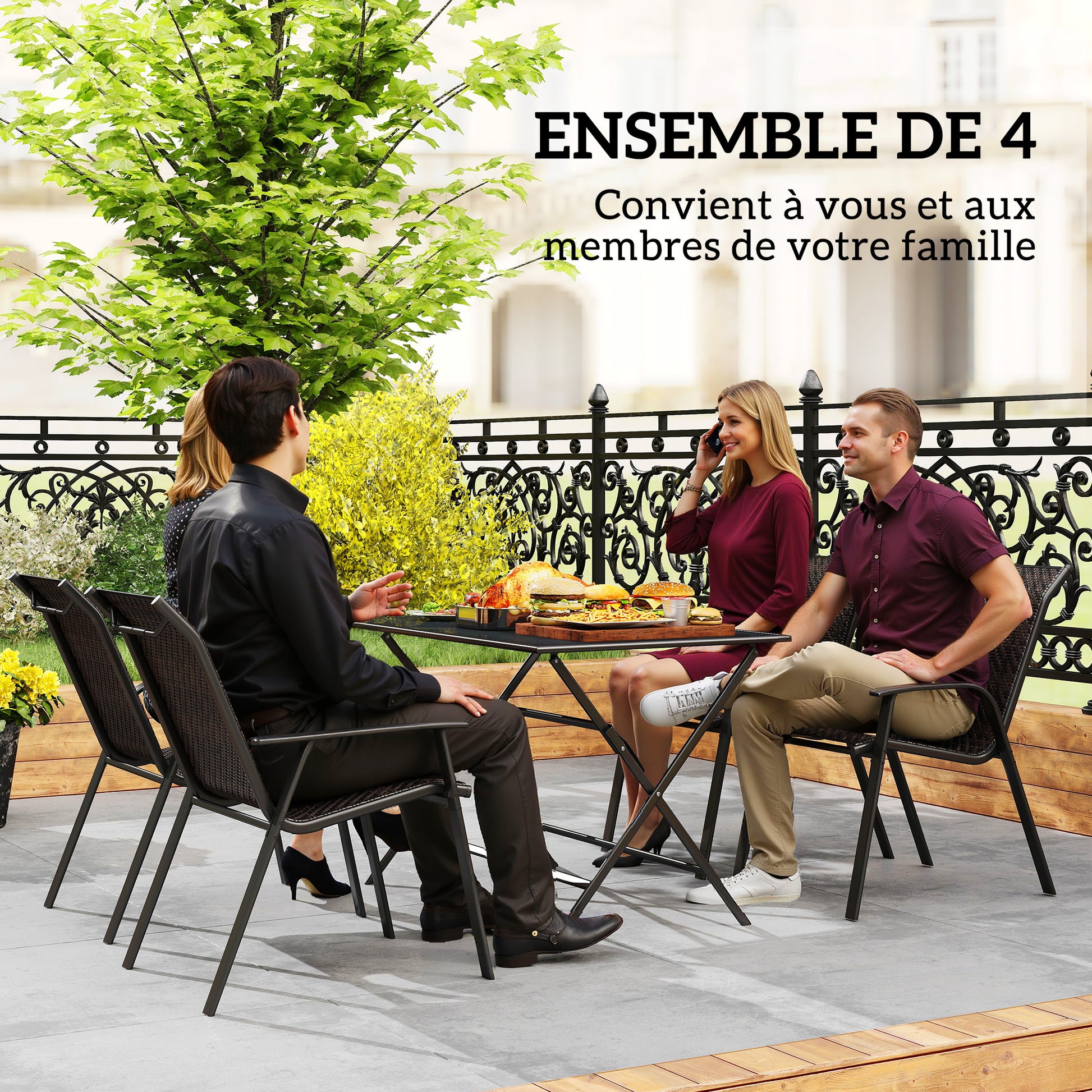 Set of 4 stackable garden chairs, outdoor armchairs with brown woven resin wicker finish