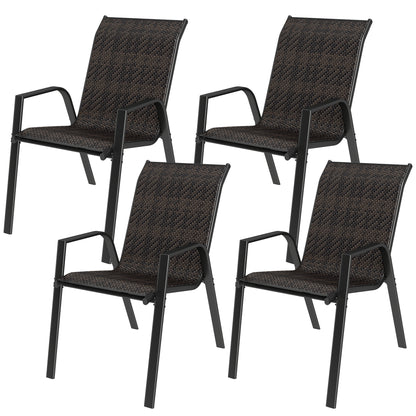Set of 4 stackable garden chairs, outdoor armchairs with brown woven resin wicker finish