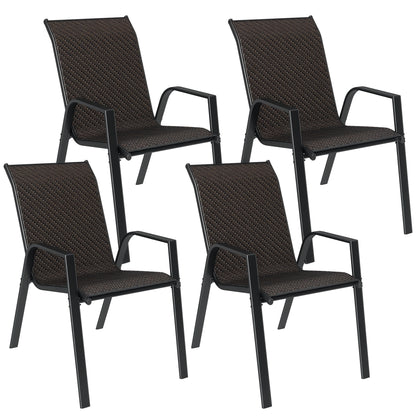 Set of 4 stackable garden chairs, outdoor armchairs with brown woven resin wicker finish