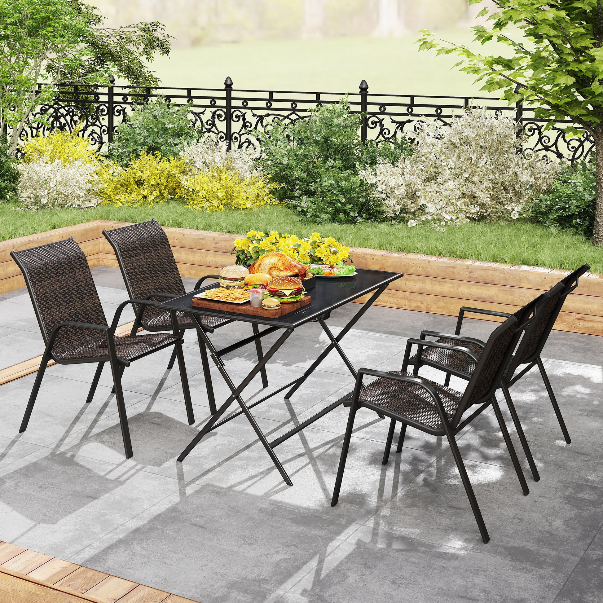 Set of 4 stackable garden chairs, outdoor armchairs with brown woven resin wicker finish