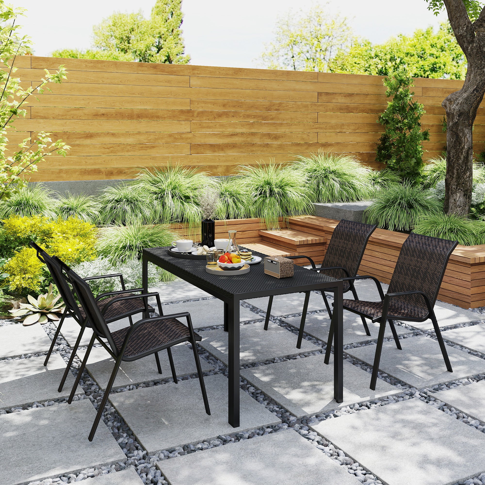 Set of 4 stackable garden chairs, outdoor armchairs with brown woven resin wicker finish