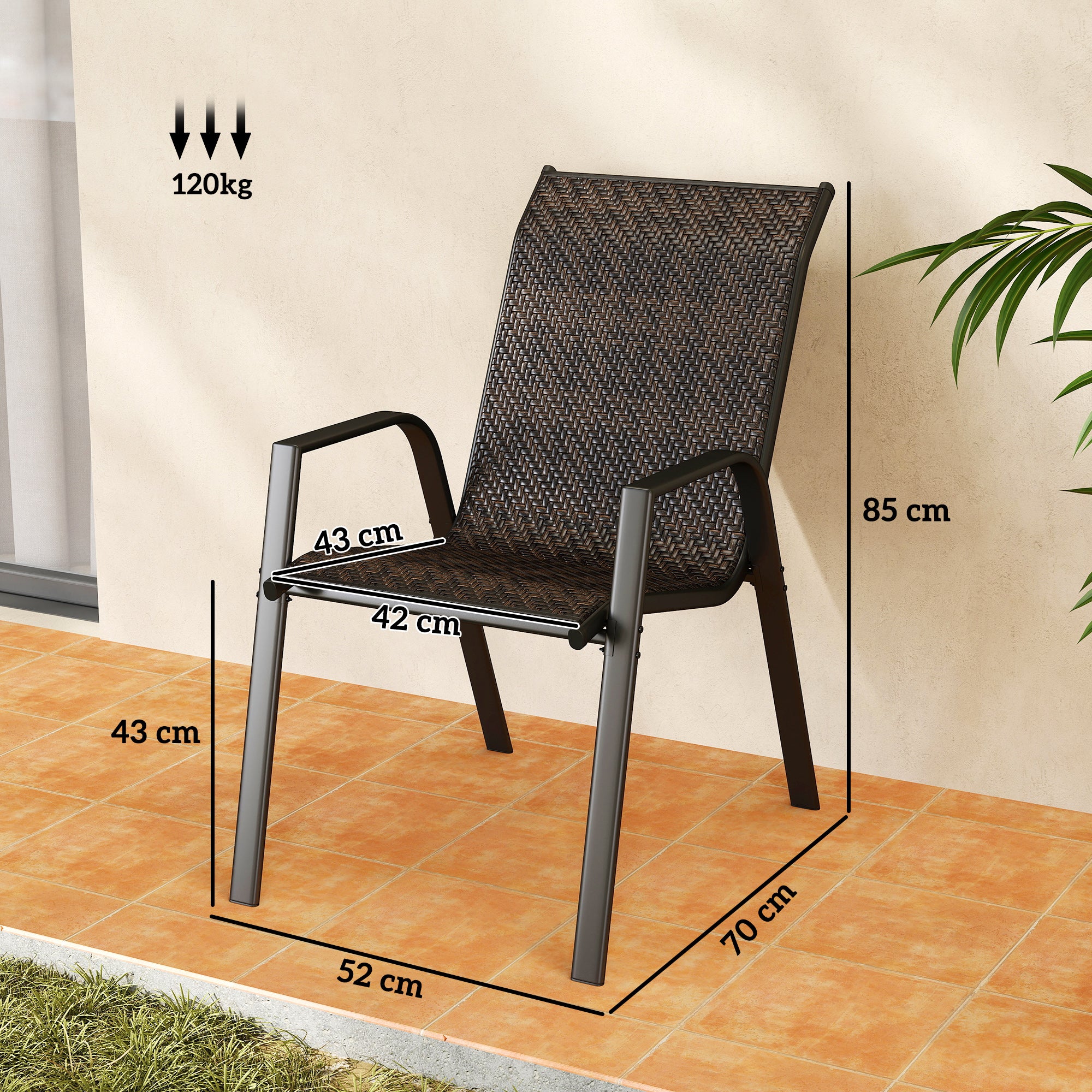 Set of 4 stackable garden chairs, outdoor armchairs with brown woven resin wicker finish