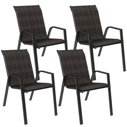 Set of 4 stackable garden chairs, outdoor armchairs with brown woven resin wicker finish
