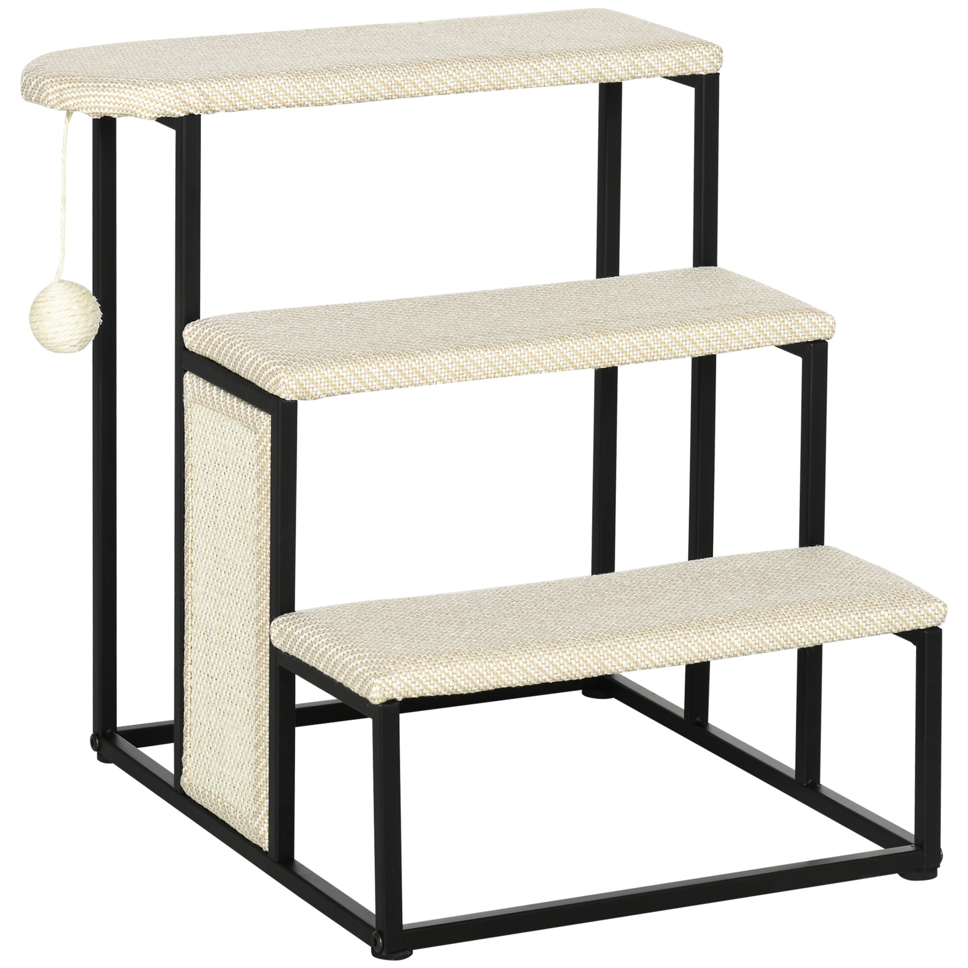 3-Level Pet Stairs for Pets with 3 Steps Hanging Ball Scratching Board and Steel Frame 47x45x47 cm Cream and Black