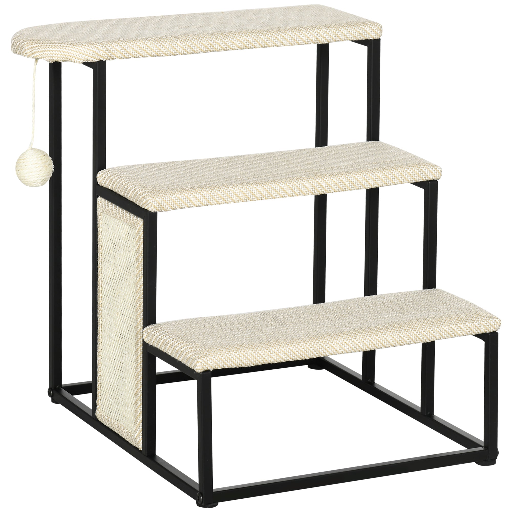 3-Level Pet Stairs for Pets with 3 Steps Hanging Ball Scratching Board and Steel Frame 47x45x47 cm Cream and Black