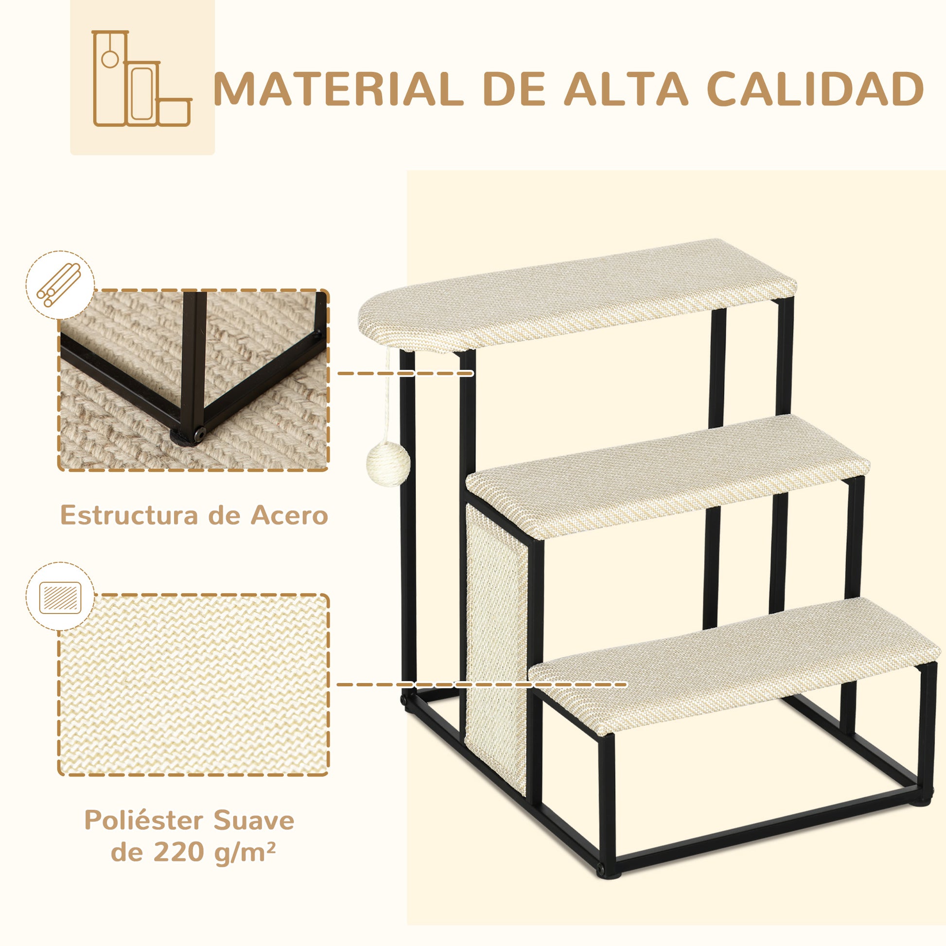 3-Level Pet Stairs for Pets with 3 Steps Hanging Ball Scratching Board and Steel Frame 47x45x47 cm Cream and Black