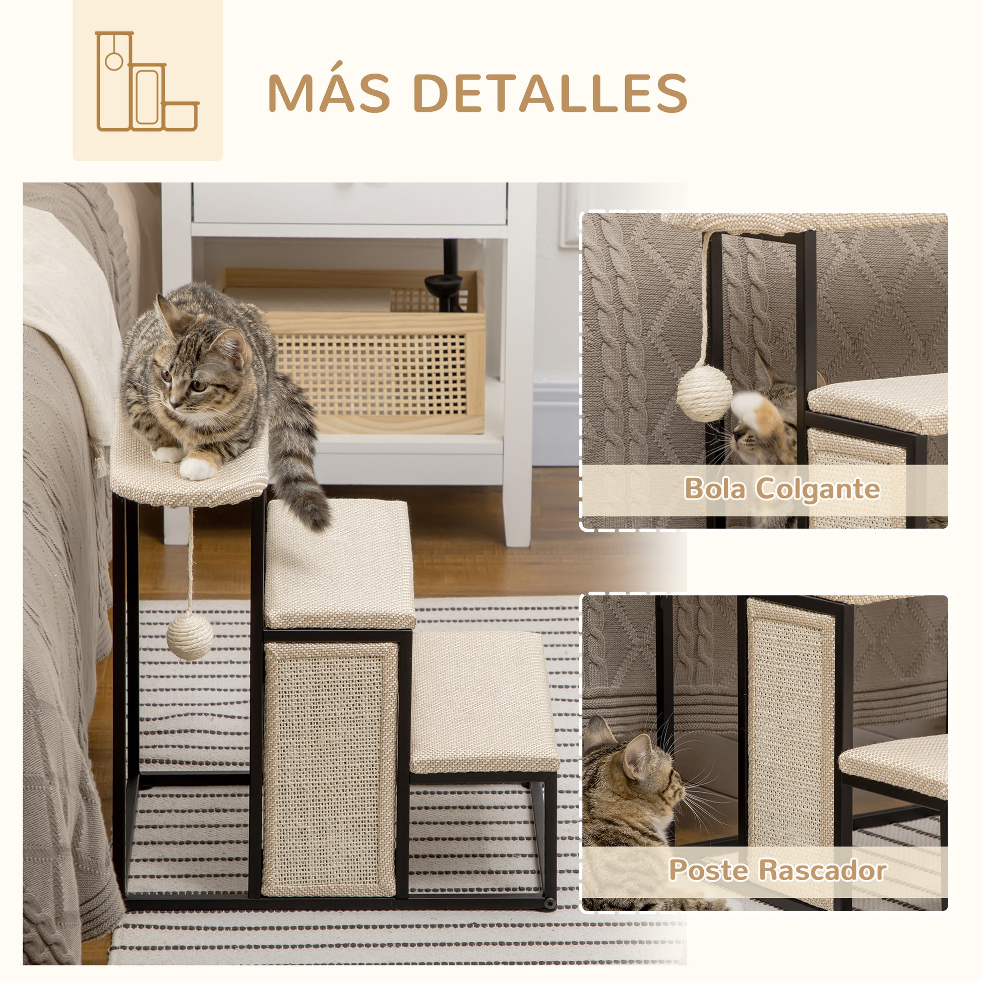 3-Level Pet Stairs for Pets with 3 Steps Hanging Ball Scratching Board and Steel Frame 47x45x47 cm Cream and Black