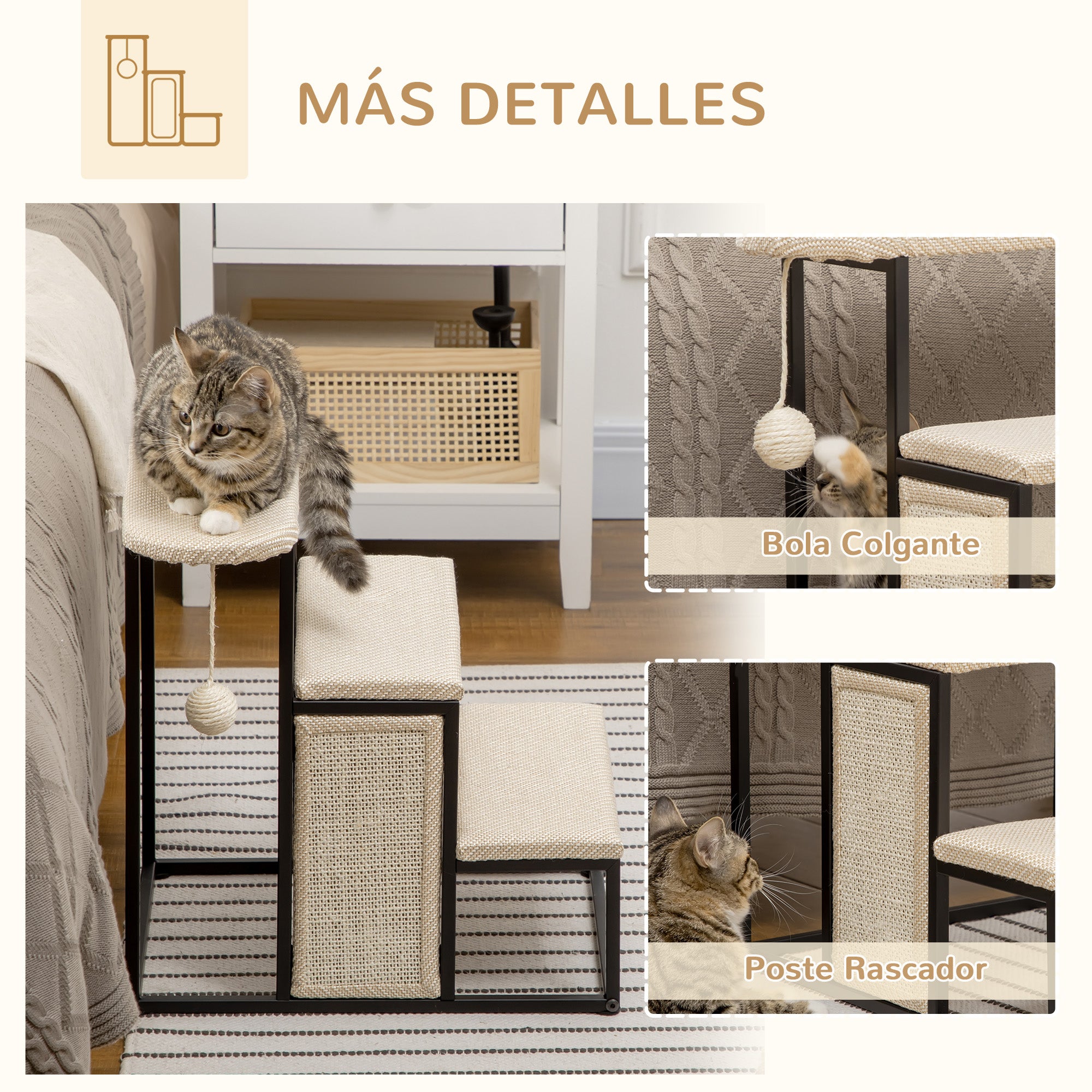 3-Level Pet Stairs for Pets with 3 Steps Hanging Ball Scratching Board and Steel Frame 47x45x47 cm Cream and Black