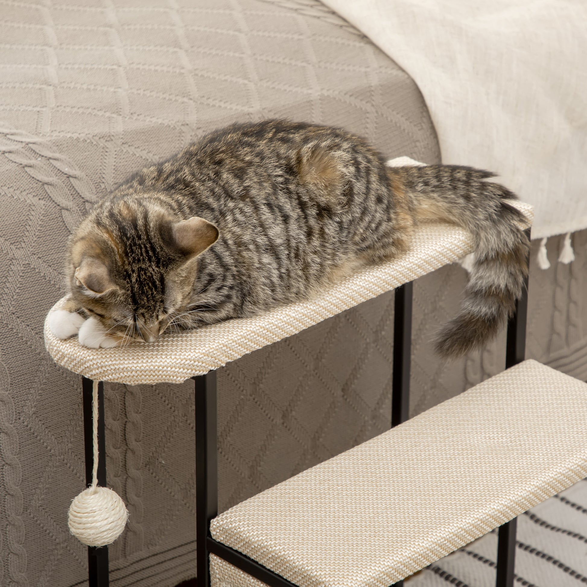 3-Level Pet Stairs for Pets with 3 Steps Hanging Ball Scratching Board and Steel Frame 47x45x47 cm Cream and Black