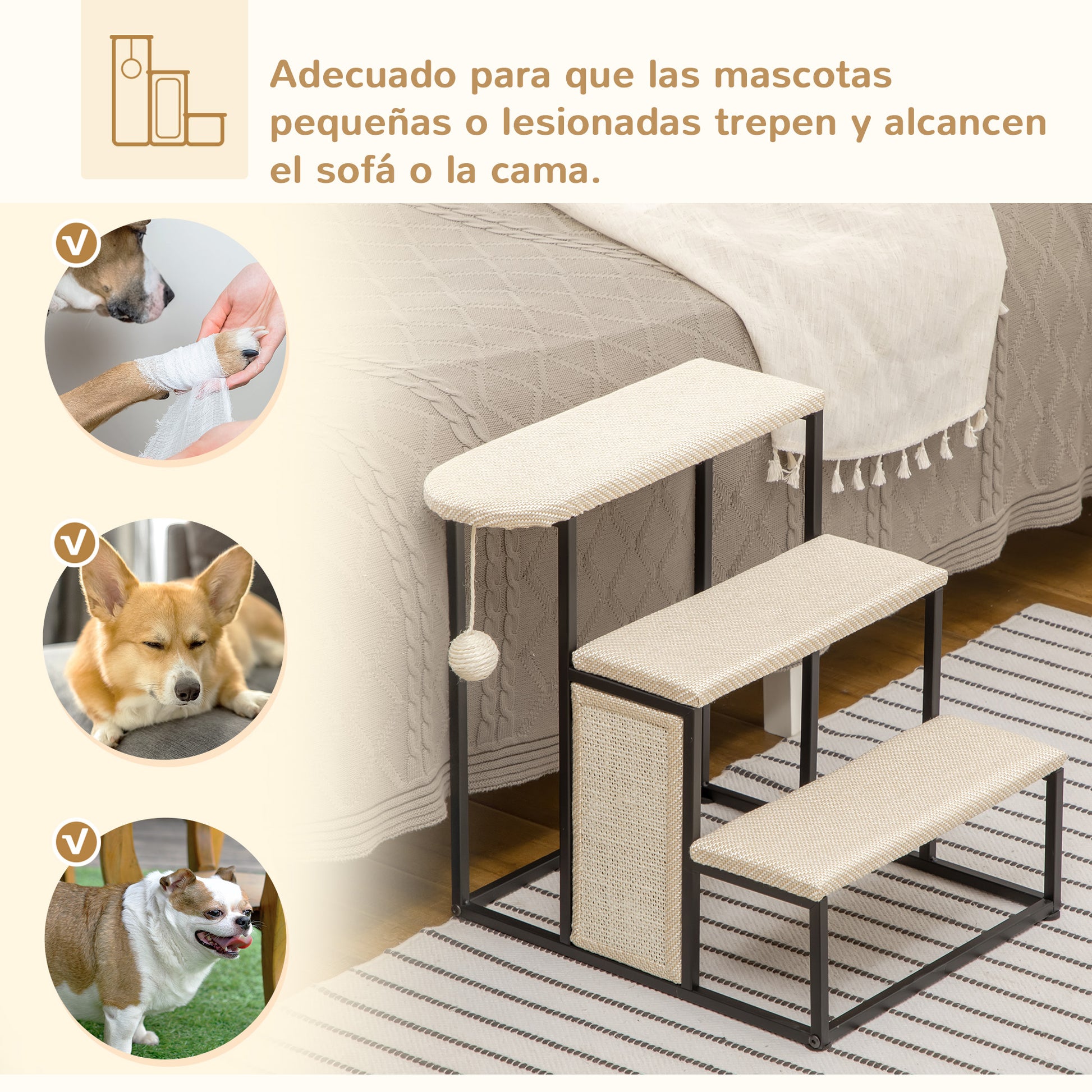 3-Level Pet Stairs for Pets with 3 Steps Hanging Ball Scratching Board and Steel Frame 47x45x47 cm Cream and Black