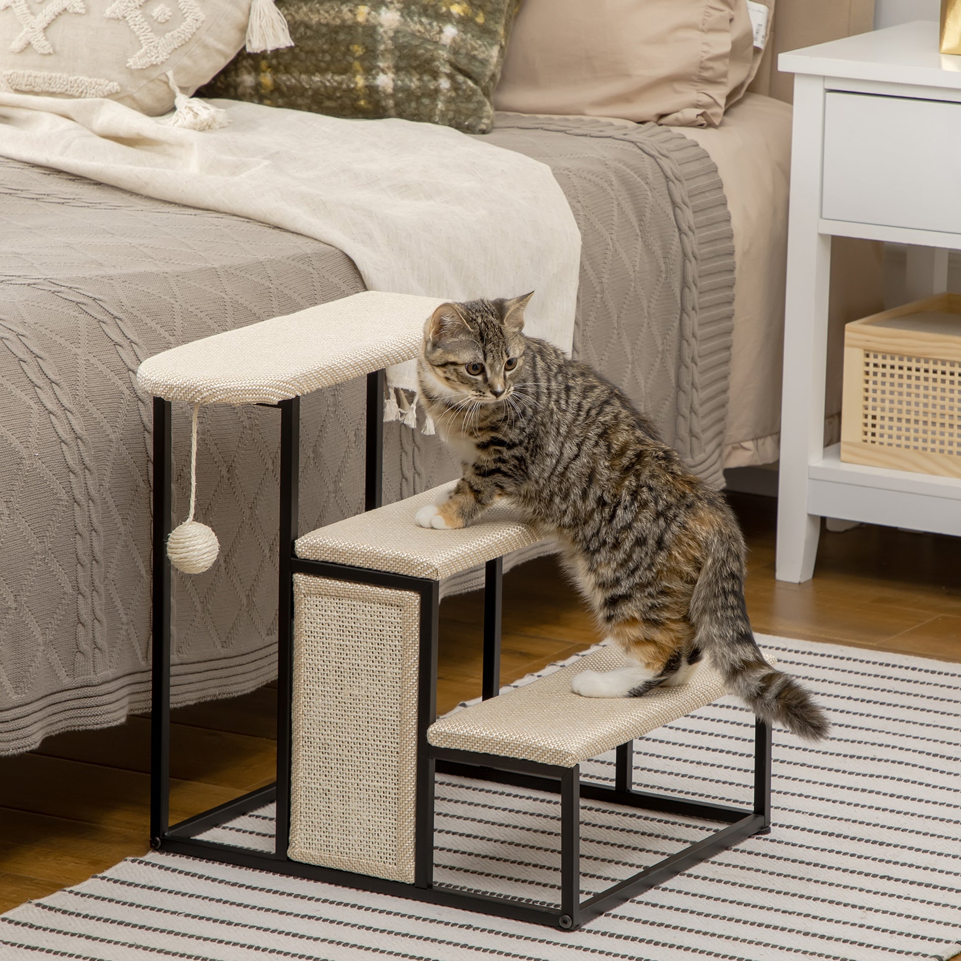 3-Level Pet Stairs for Pets with 3 Steps Hanging Ball Scratching Board and Steel Frame 47x45x47 cm Cream and Black