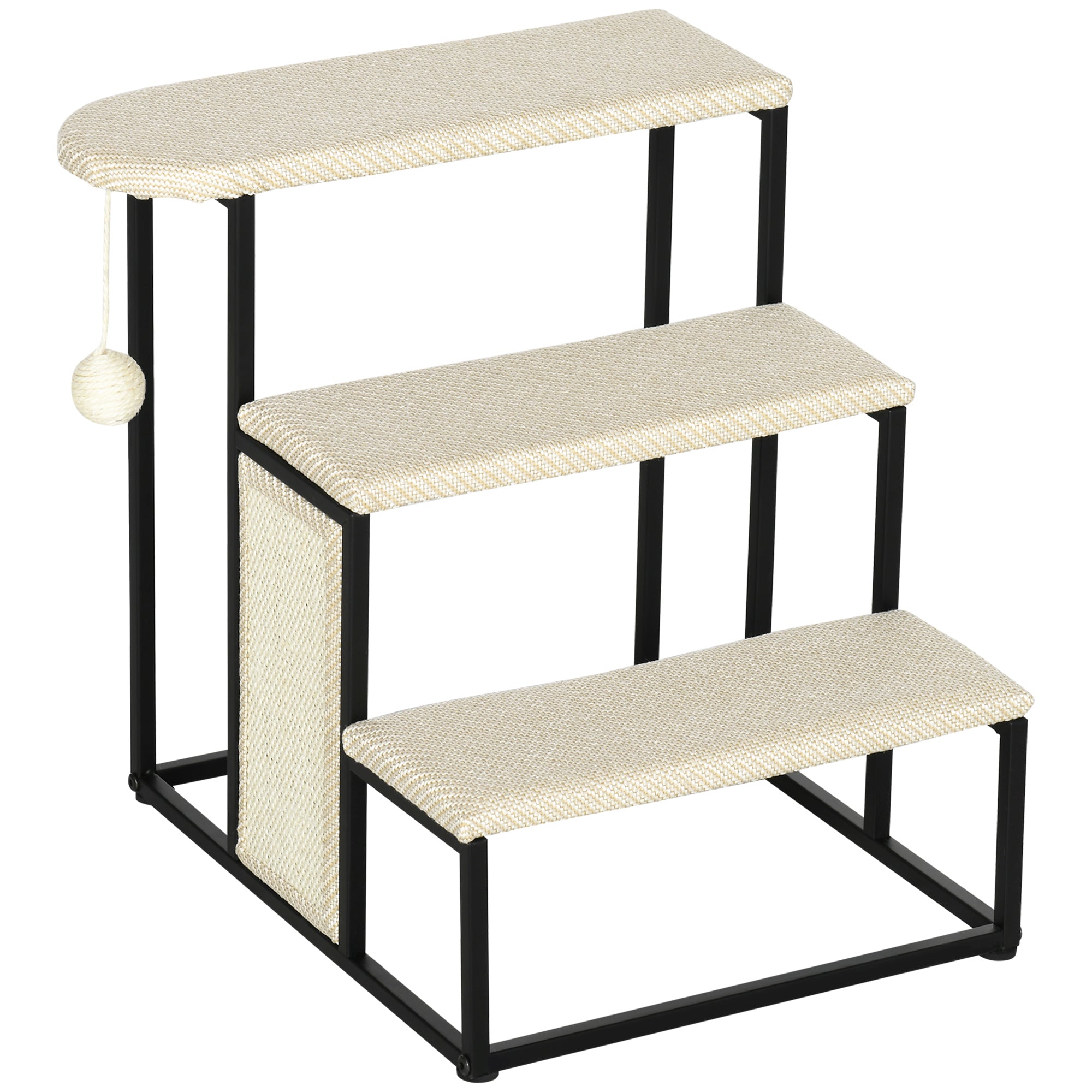 3-Level Pet Stairs for Pets with 3 Steps Hanging Ball Scratching Board and Steel Frame 47x45x47 cm Cream and Black