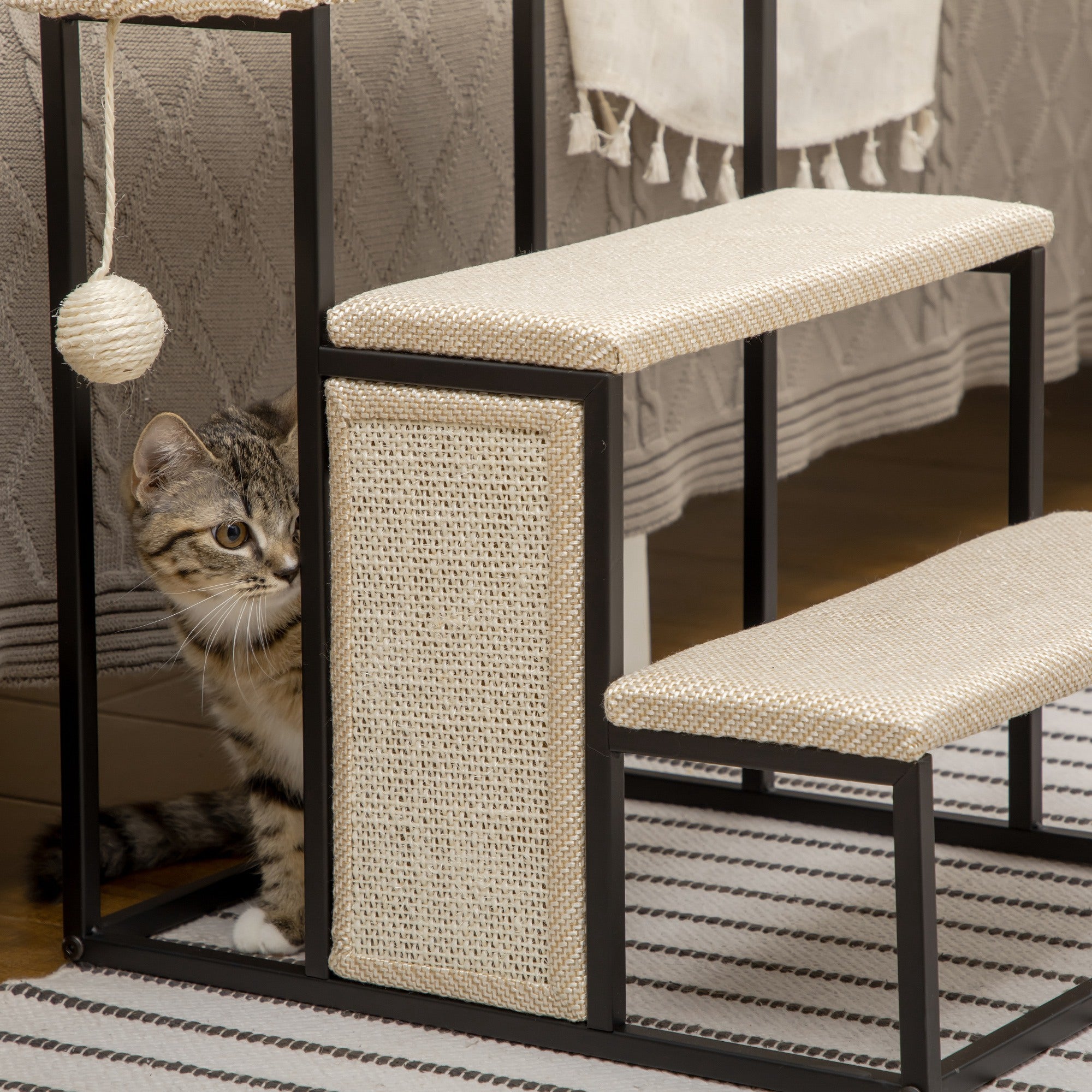 3-Level Pet Stairs for Pets with 3 Steps Hanging Ball Scratching Board and Steel Frame 47x45x47 cm Cream and Black