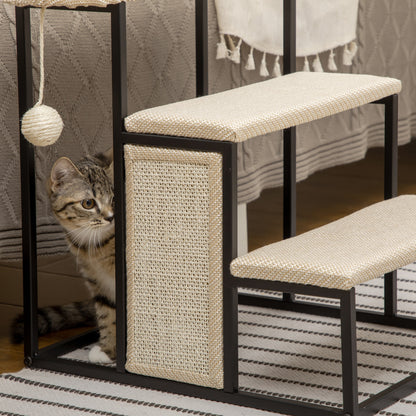 3-Level Pet Stairs for Pets with 3 Steps Hanging Ball Scratching Board and Steel Frame 47x45x47 cm Cream and Black