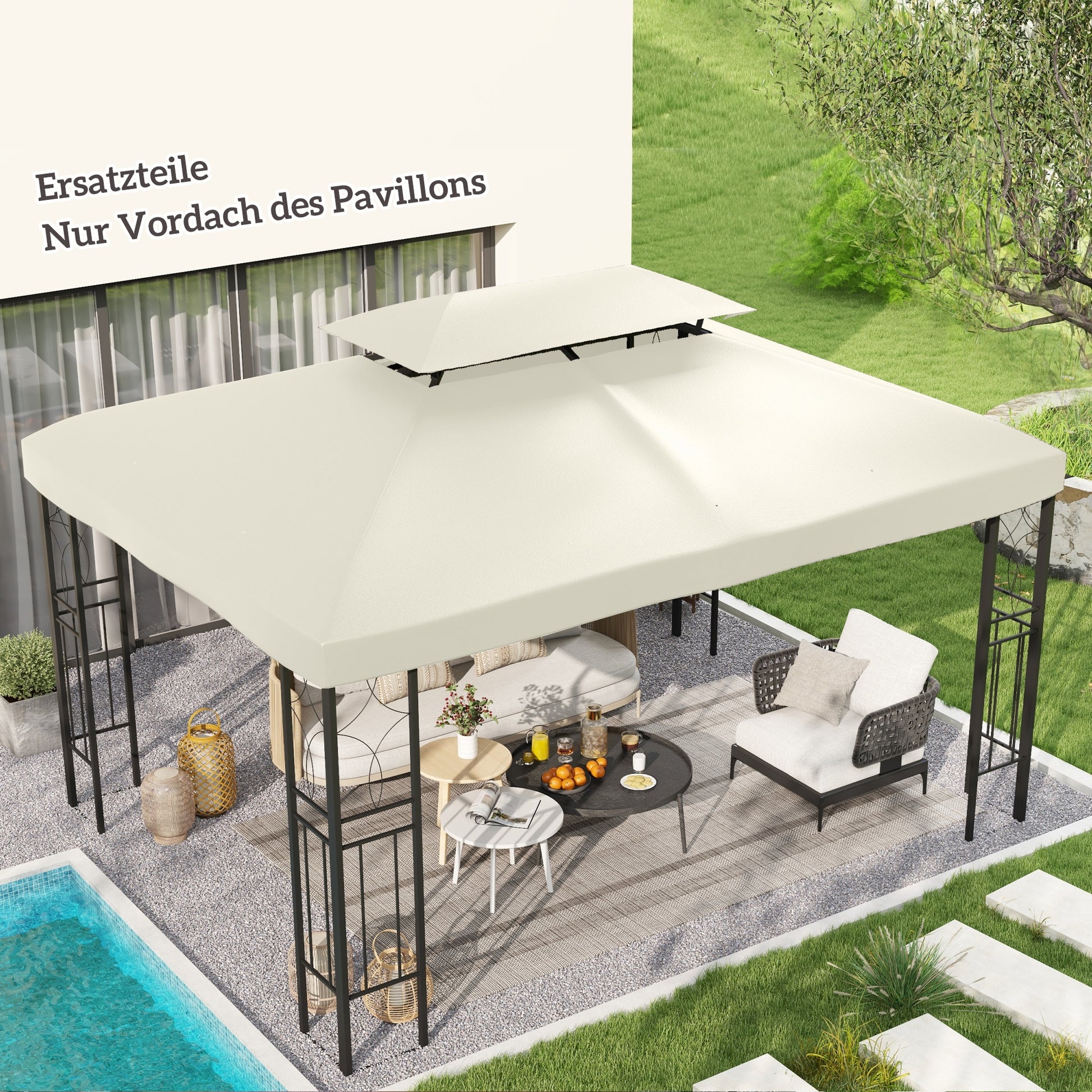 Replacement Roof for Metal Pavilion 3x4m Water-resistant Pavilion Roof with Double Roof, Replacement Cover for Garden Pavilion Party Tent Gazebo Polyester Cream White