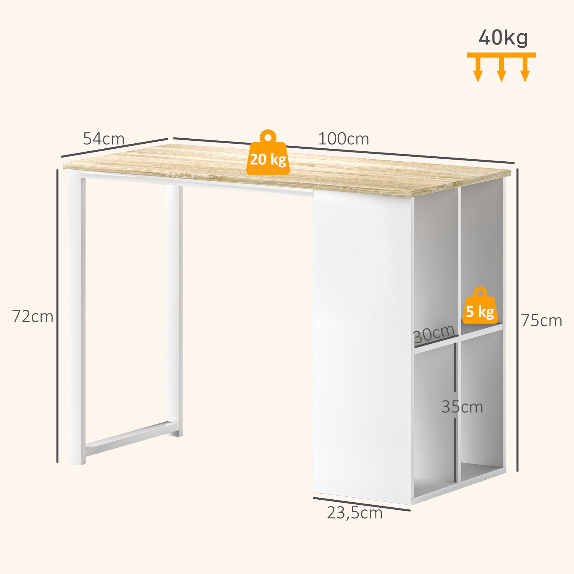 Desk Computer Desk with 4 Shelves Office Desk with Modern Design, Steel Frame for Study, Home Office, Bedroom, 100 x 54 x 75 cm Oak