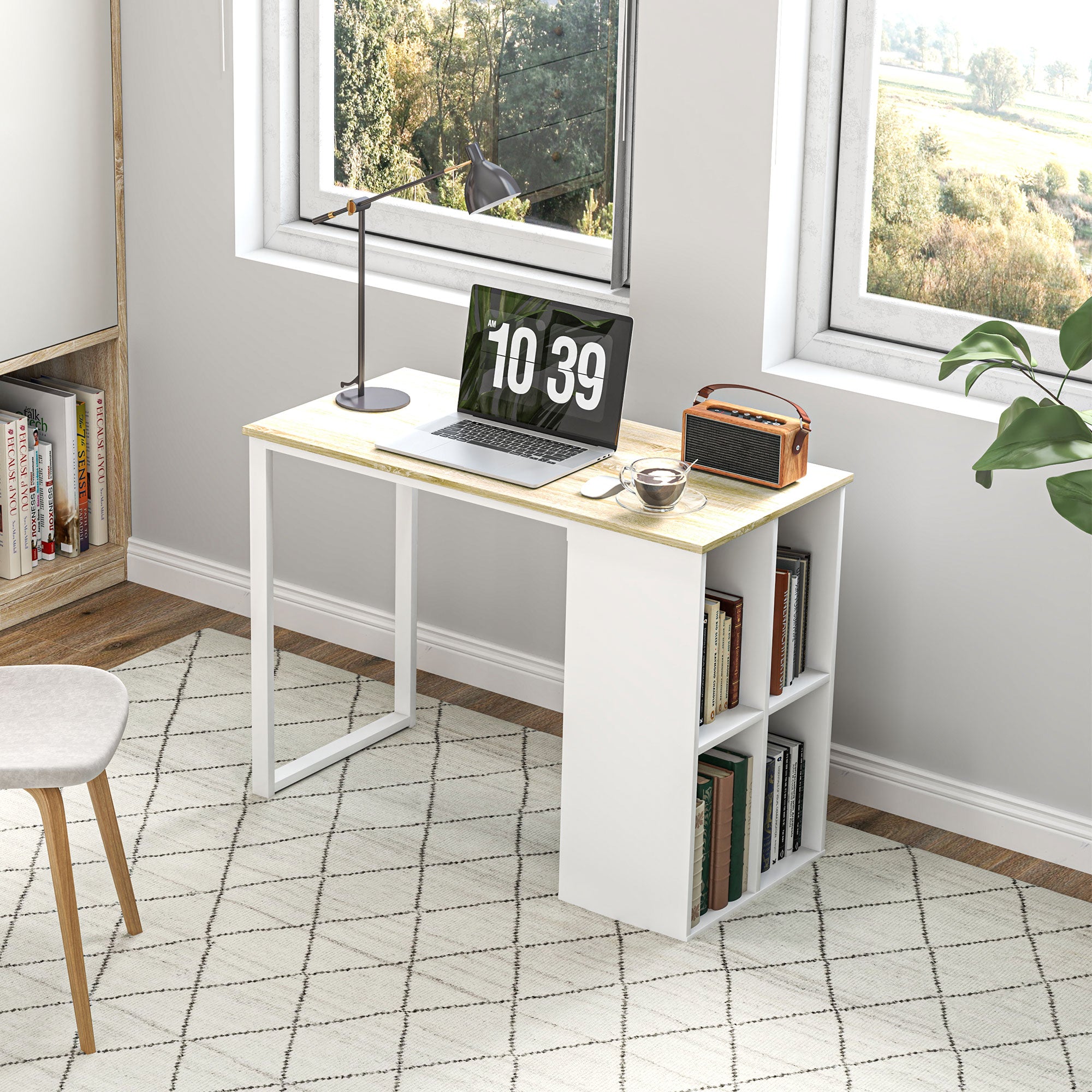 Desk Computer Desk with 4 Shelves Office Desk with Modern Design, Steel Frame for Study, Home Office, Bedroom, 100 x 54 x 75 cm Oak